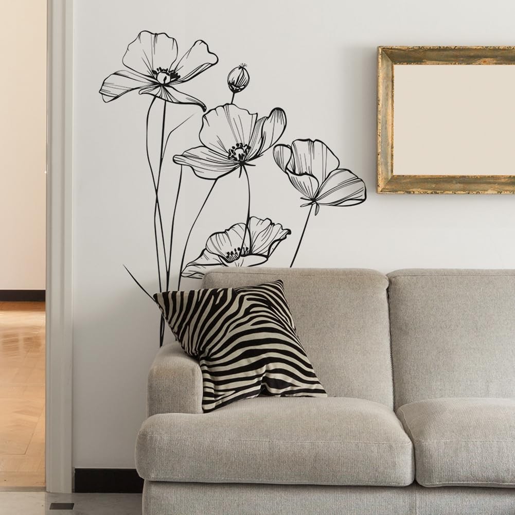 Black and White Poppy Flower Wall Decal Minimalist Sketch Botanical Wall Art …