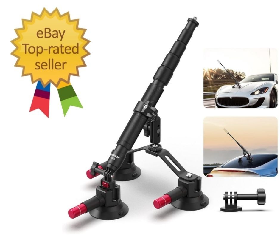 Triple Suction Cup Car Mount Kit with 2-in-1 Selfie Stick & Adjustable Pole for
