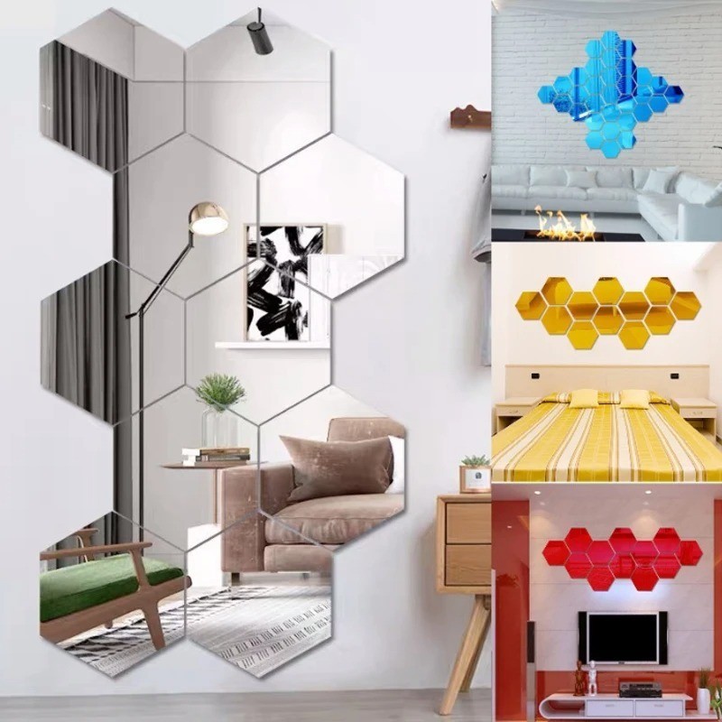12Pcs Self Adhesive Hexagonal Gold Acrylic Mirror Wall Tiles for Home Room Decor