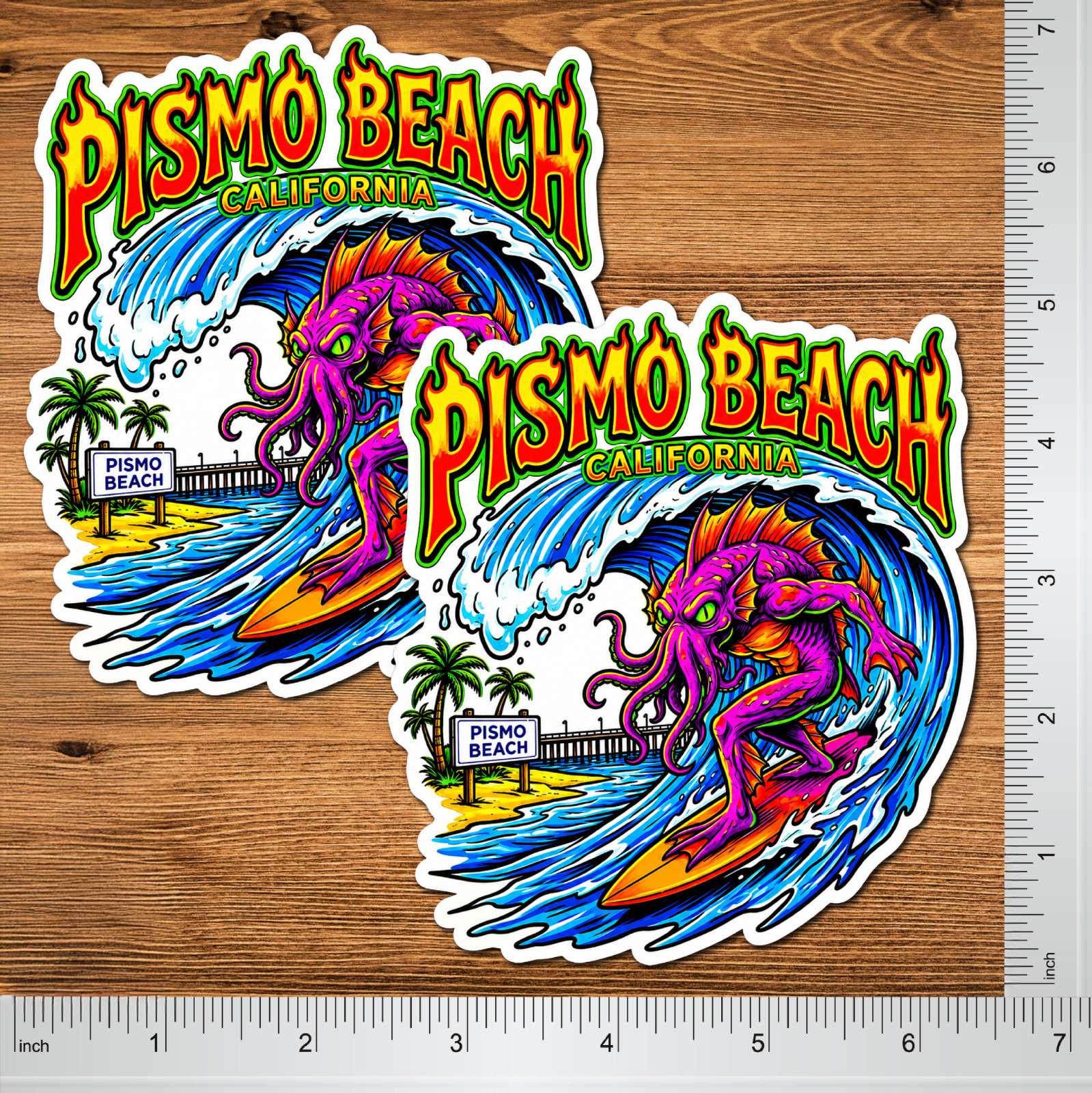 Surfing Sticker Pismo Beach 5" 2 Pack Waterproof Die Cut Glossy Vinyl Decal