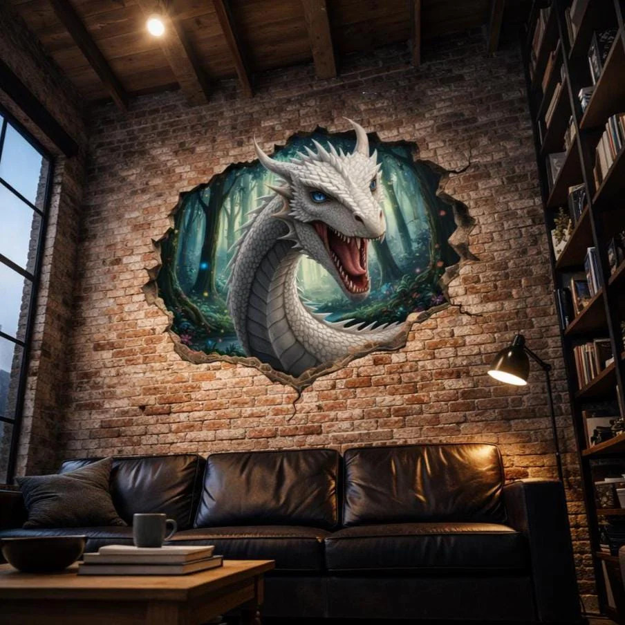 White Dragon Wall Decal | 3D Wall Hole Sticker