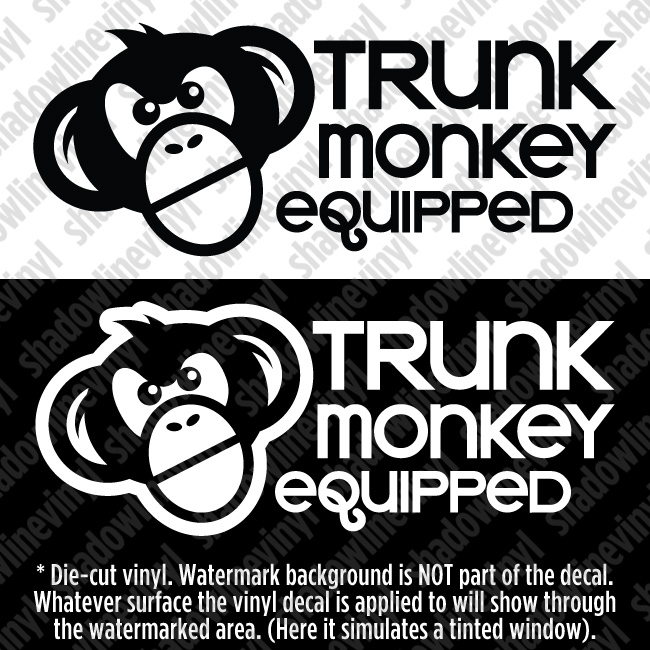 TRUNK MONKEY EQUIPPED Vinyl Decal Sticker Button Funny Meme Chimpanzee JDM