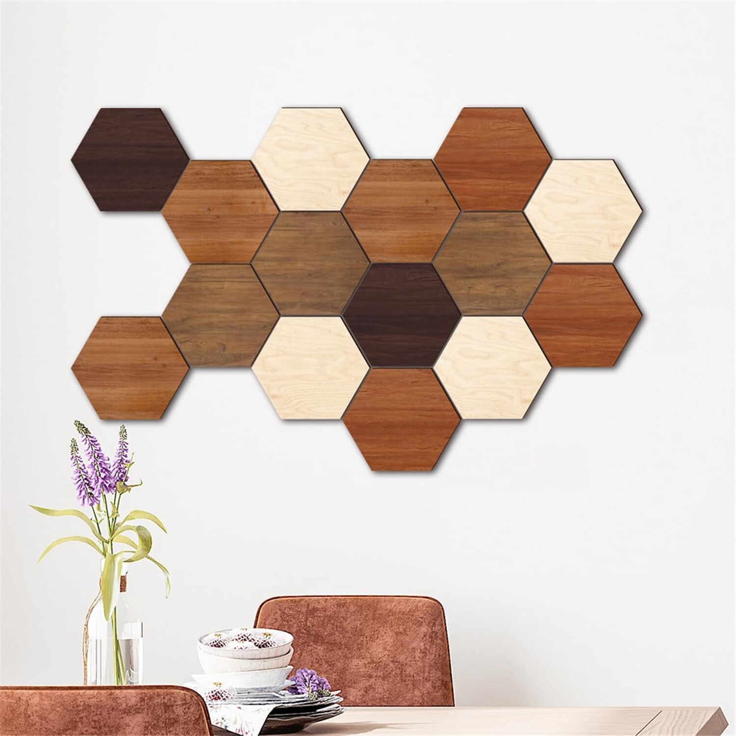 Wooden Hexagon Wall Stickers, 15 PCS Multi Color Wood Wall Art Decals, 3D Hex…