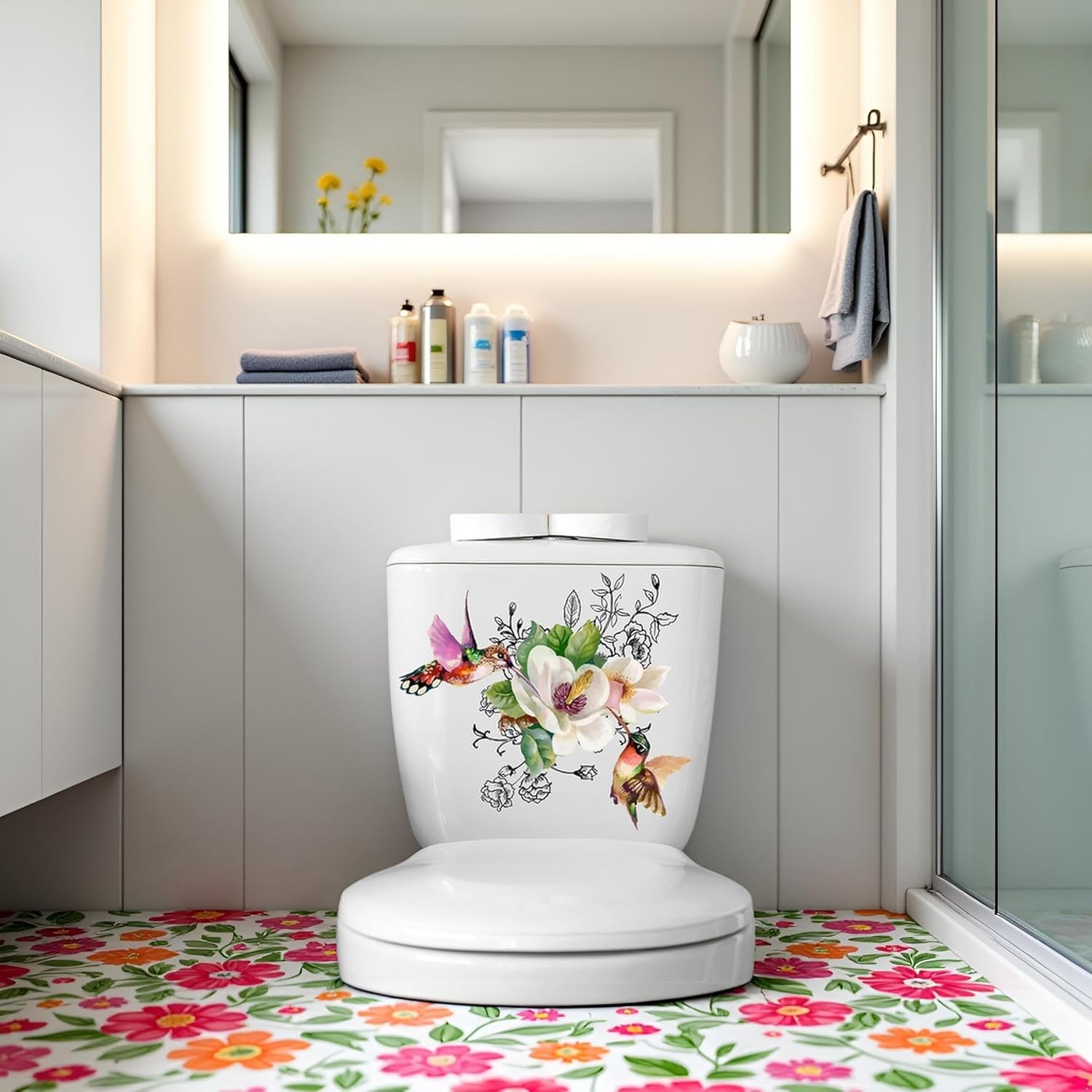 Birds Flowers Butterfly Toilet Seat Lid Stickers Self-Adhesive Bathroom Wall Sti