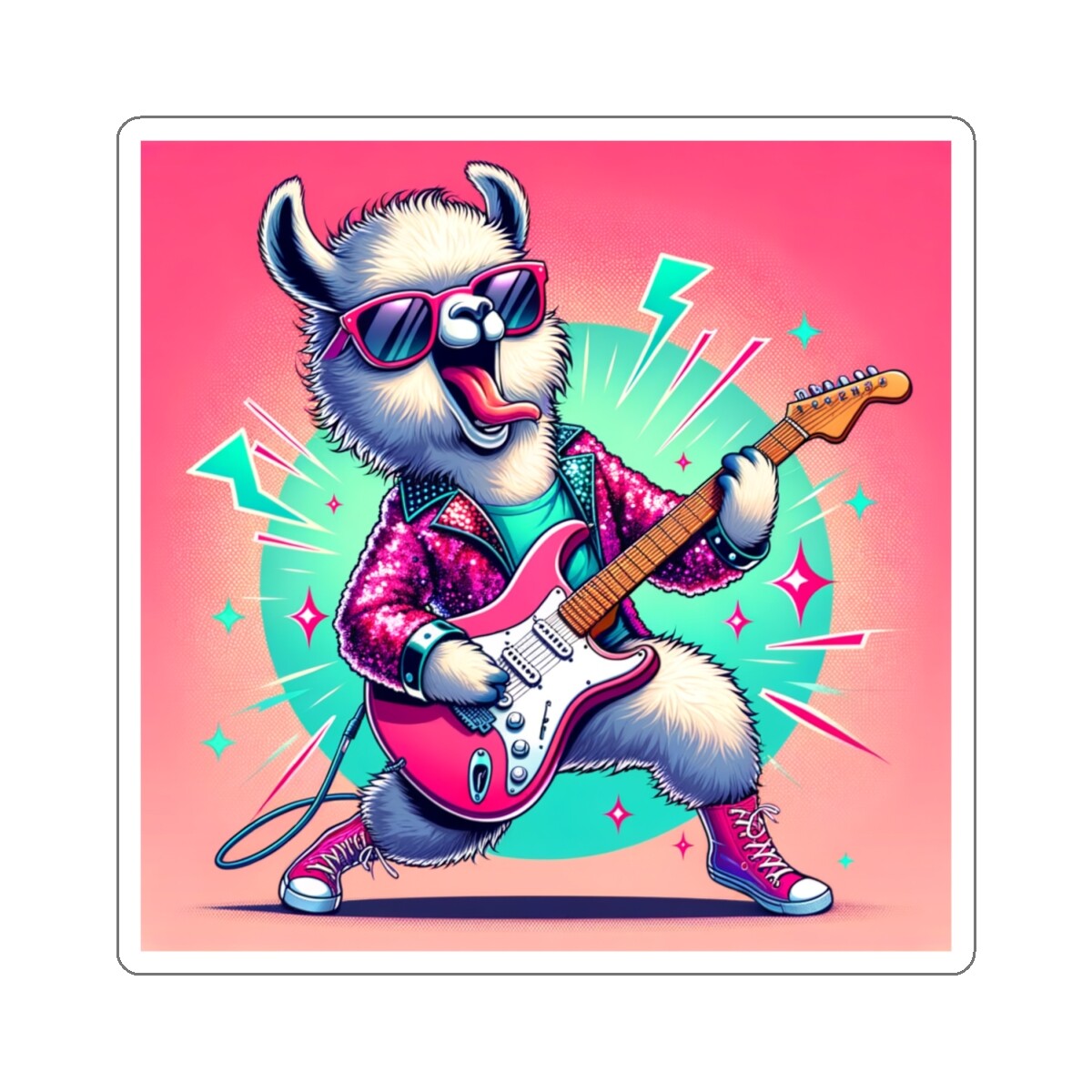 Sticker Llama Rock Star Artwork Whimsical Illustration 2×2 3×3 4×4 6×6