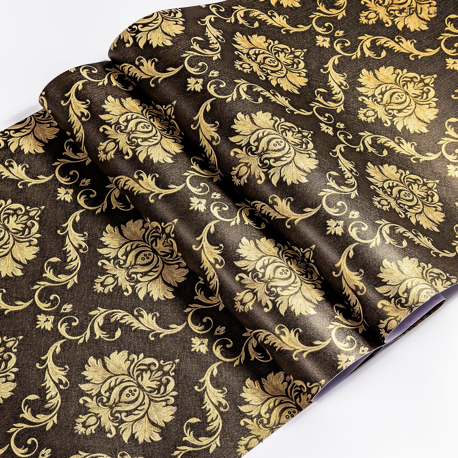 Peel and Stick Damask Wallpaper 17.7"×32.8ft Brown/Black Decorative Wall Cove…