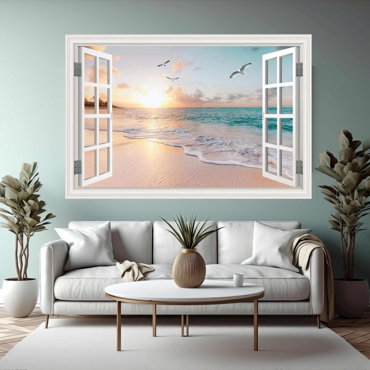 Fake Window Wall Decal Summer Beach Seascape Faux Window Sticker Office Poste…