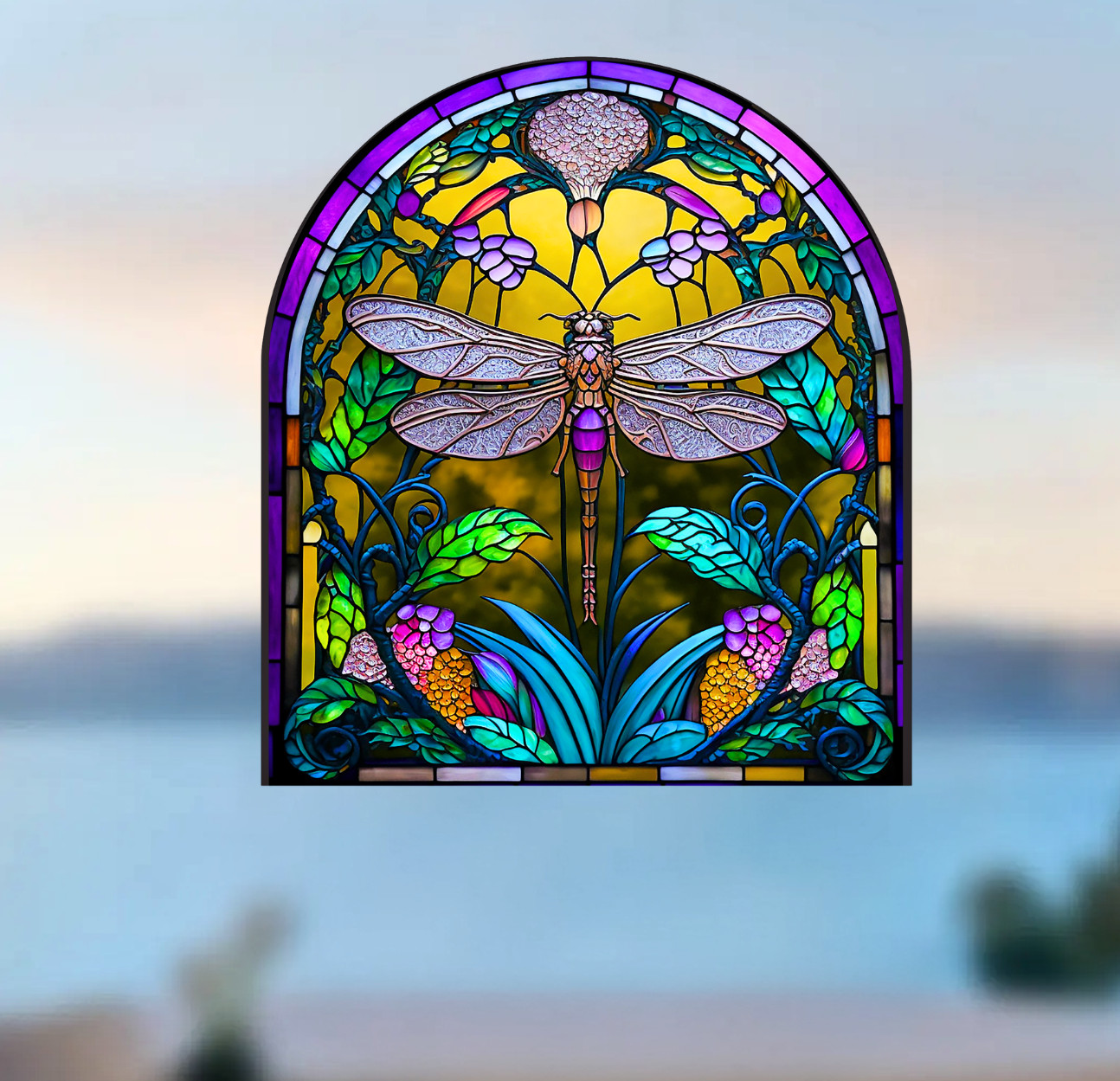 Dragonfly Faux Stained-Glass WINDOW CLING Size 9" Arch Shaped Vinyl