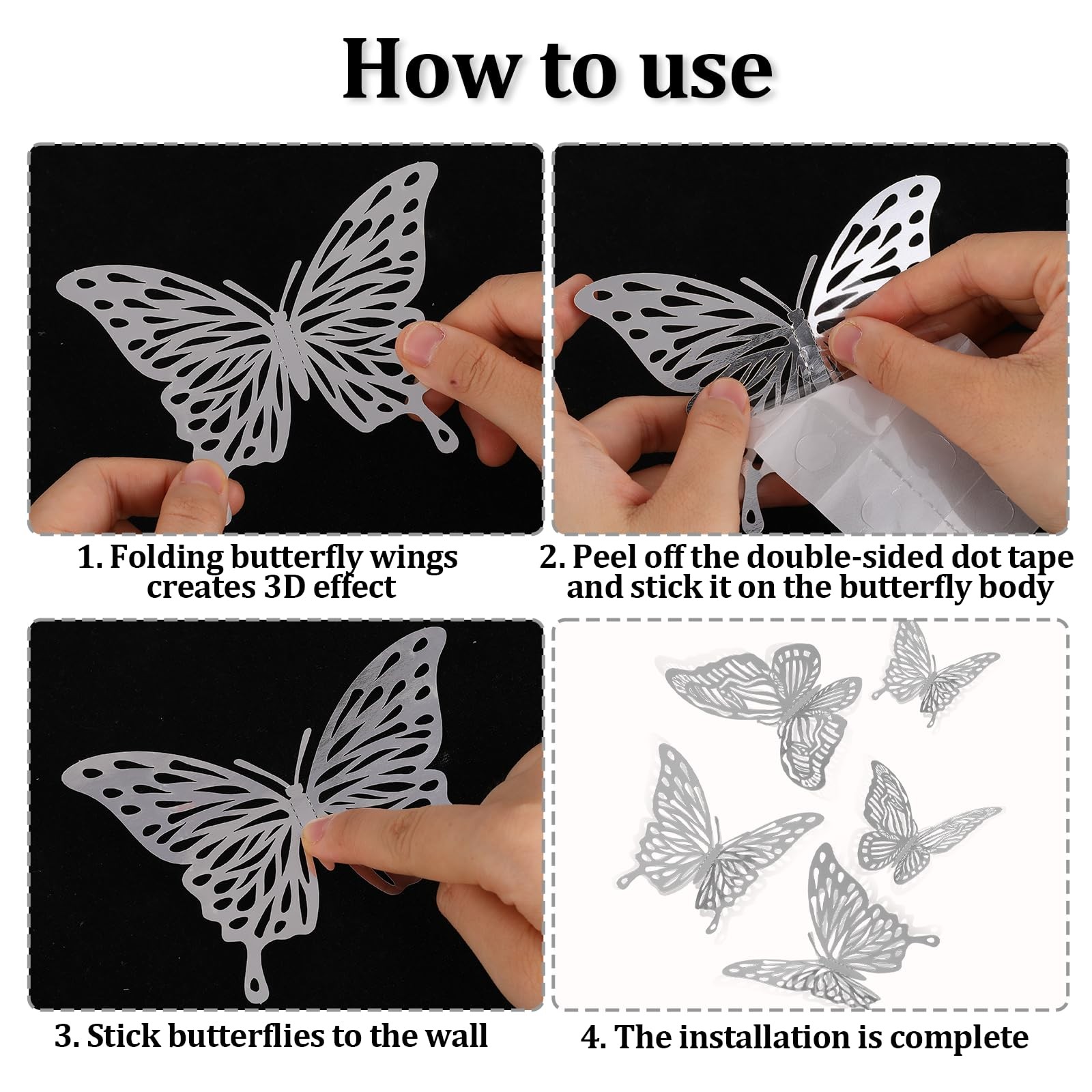 Thinp 48pcs Butterflies for Bouquets & Wall Decor – 4 Styles, 3 Sizes, Silver