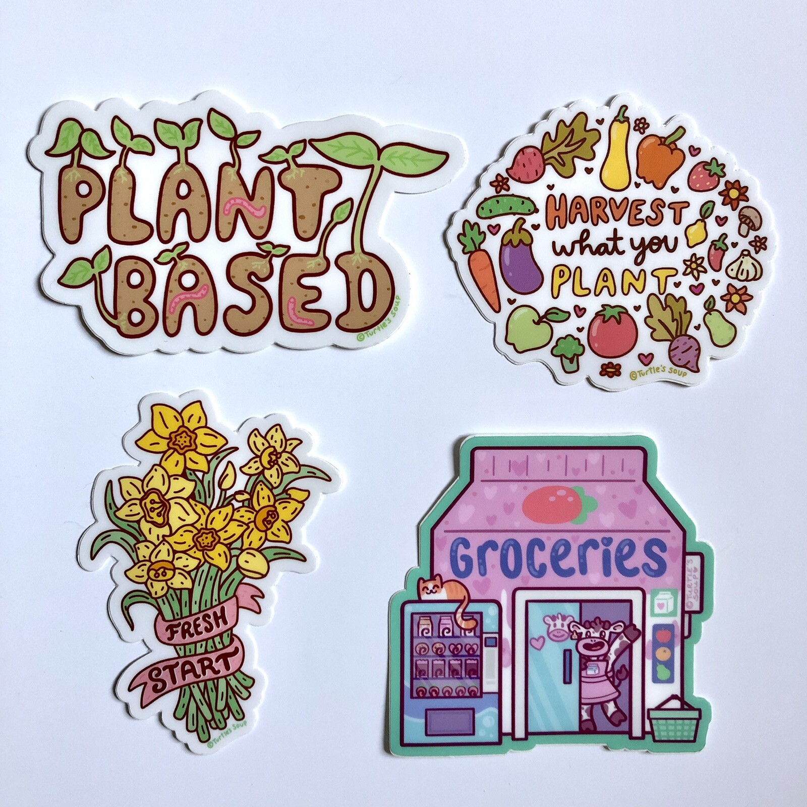 NEW! Turtle’s Soup SET OF 4 VINYL STICKERS / DECALS — 3×3” Whimsical Plant Theme