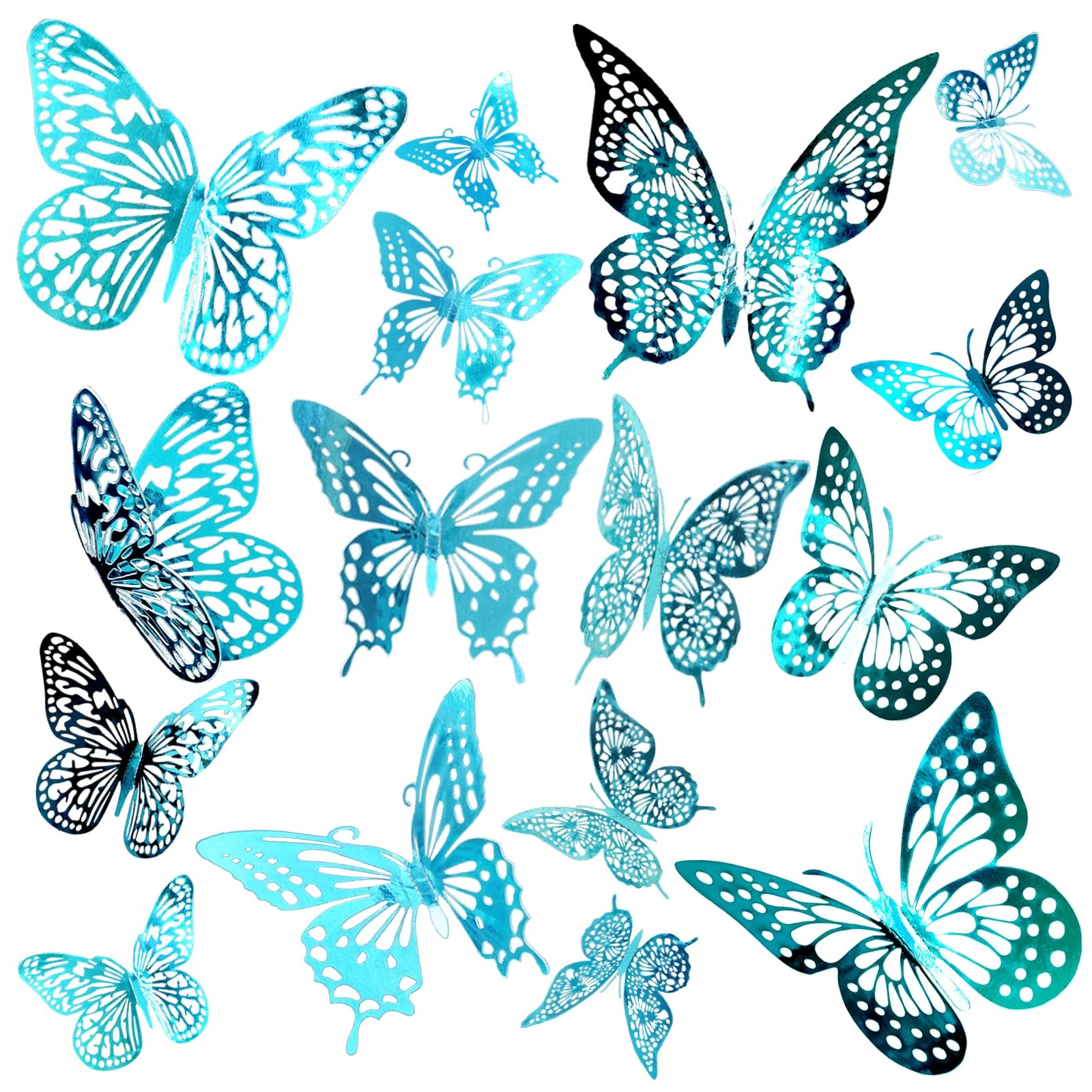 3D Turquoise Blue Butterfly Wall Stickers – 48 Pcs with 4 Styles & 3 Sizes, R…