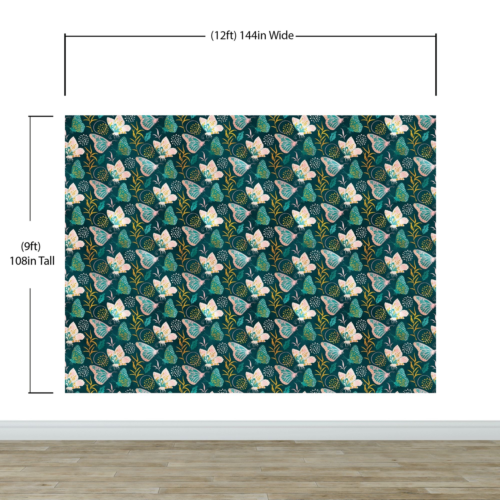 Butterfly Pattern Wall Mural. Retro Green and Gold Color Illustration Design. Be