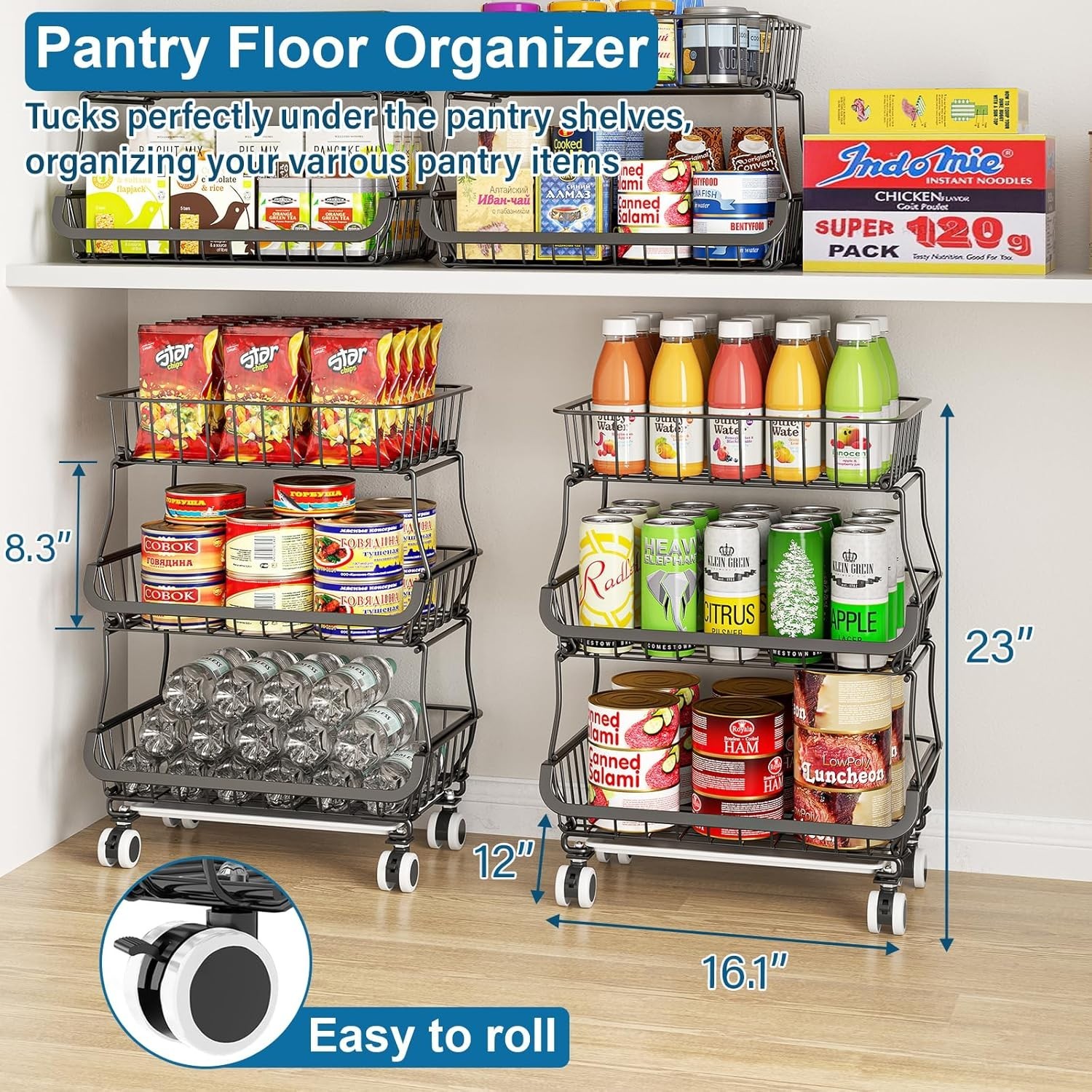 Pantry Storage Cart Fruit Basket Stand 3 Tier Stackable Wire Basket Organizer