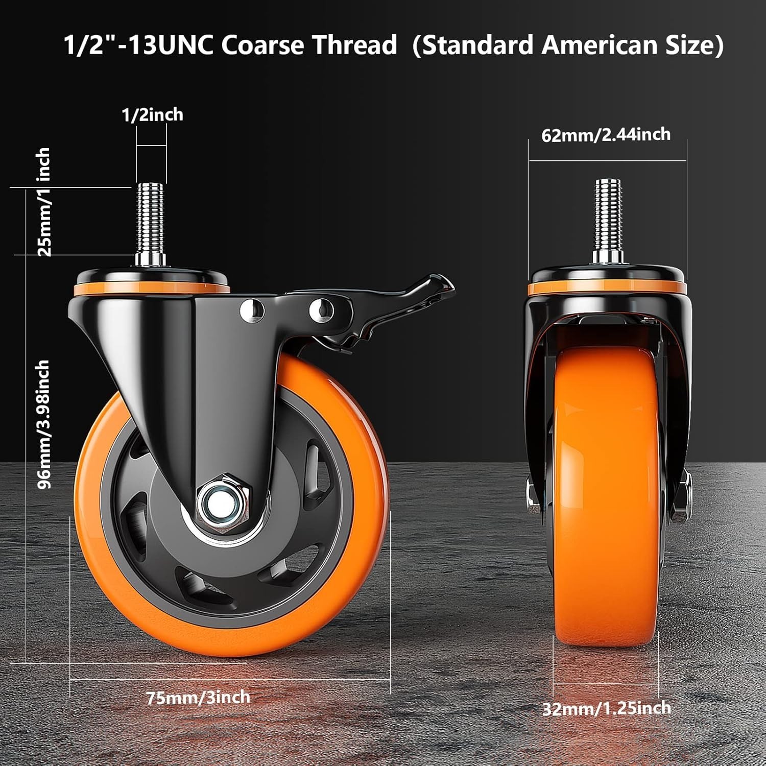 3 Inch Caster Wheels 2200Lbs, Threaded Stem Casters Set of 4 Heavy Duty, 1/2"-13