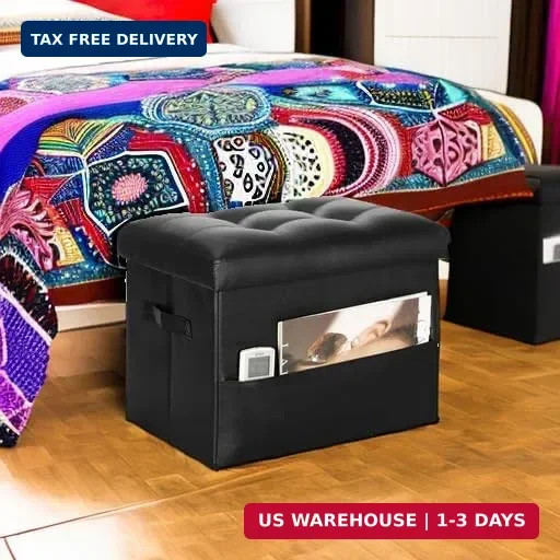 Storage Ottoman Foot Rest Stool with Thicker Foam Padded Seat. Foldable Leather