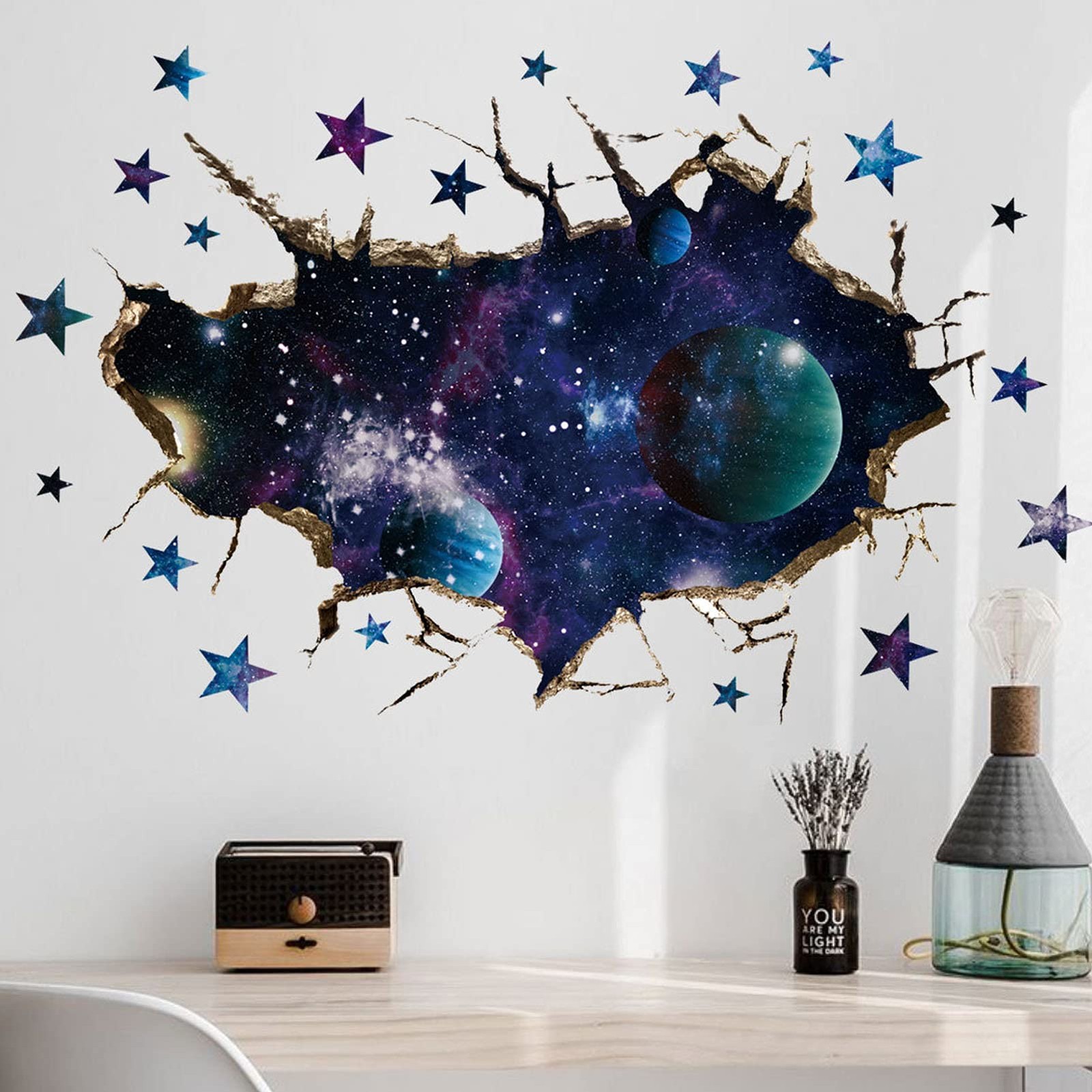 3D Space Galaxy Wall Decor Stickers, Removable Broken Outer Space Planet Waterpr