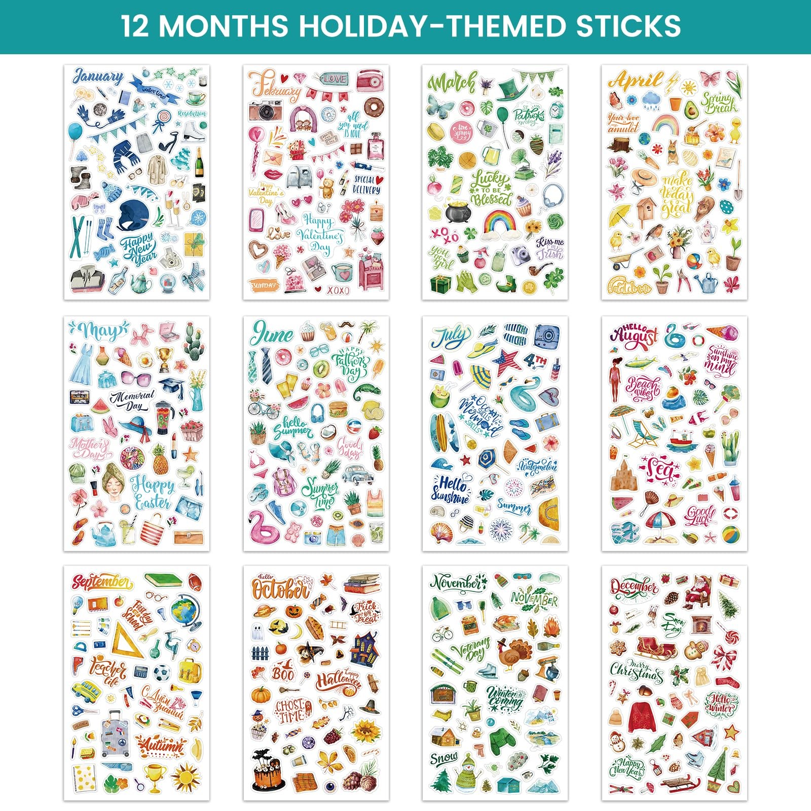 Office Planner Stickers, 12 Monthly, 1500+ Stickers, Festivals