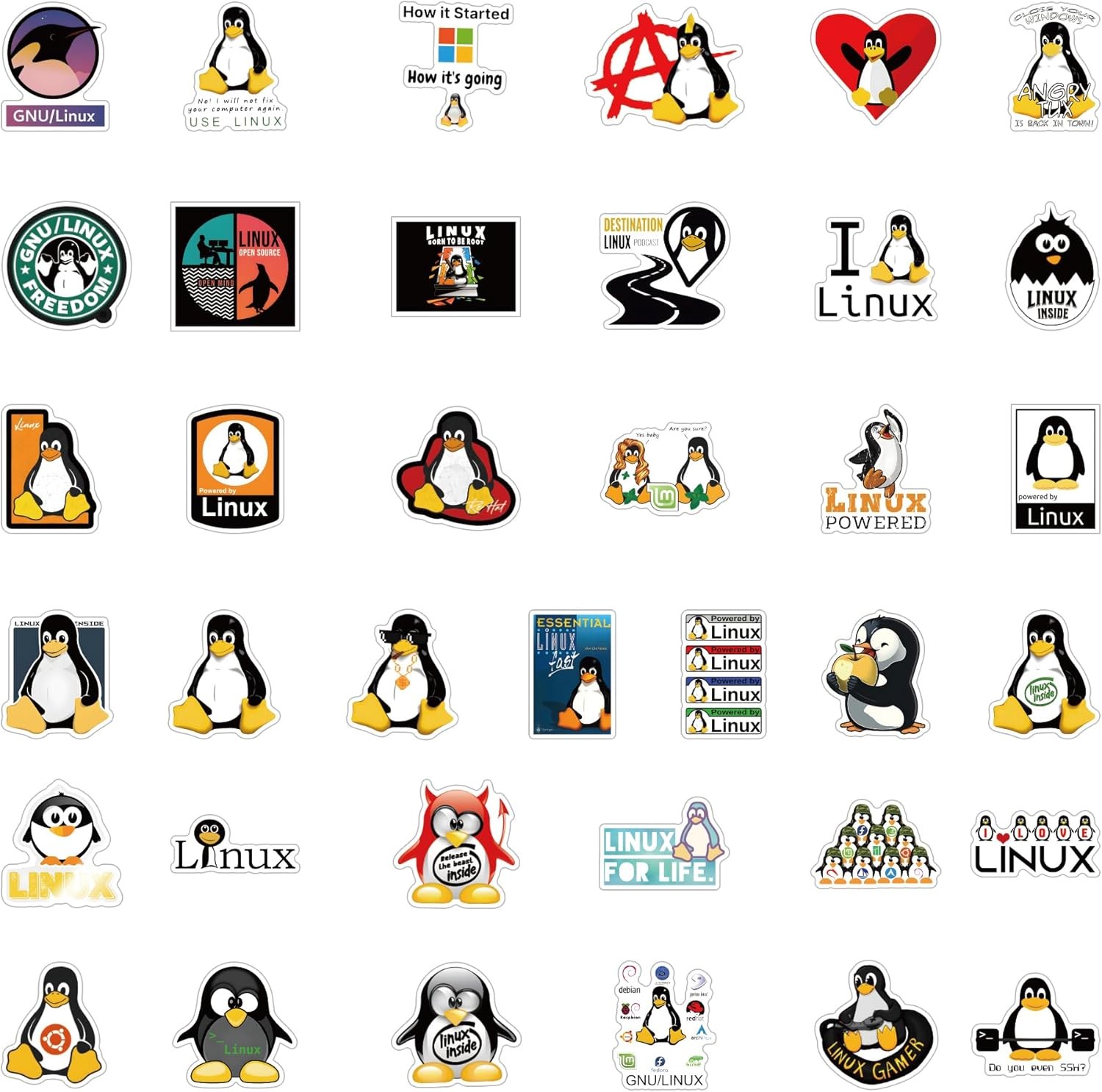 Linux Stickers 62pcs Work Decals Aesthetic Waterproof Vinyl Pack White
