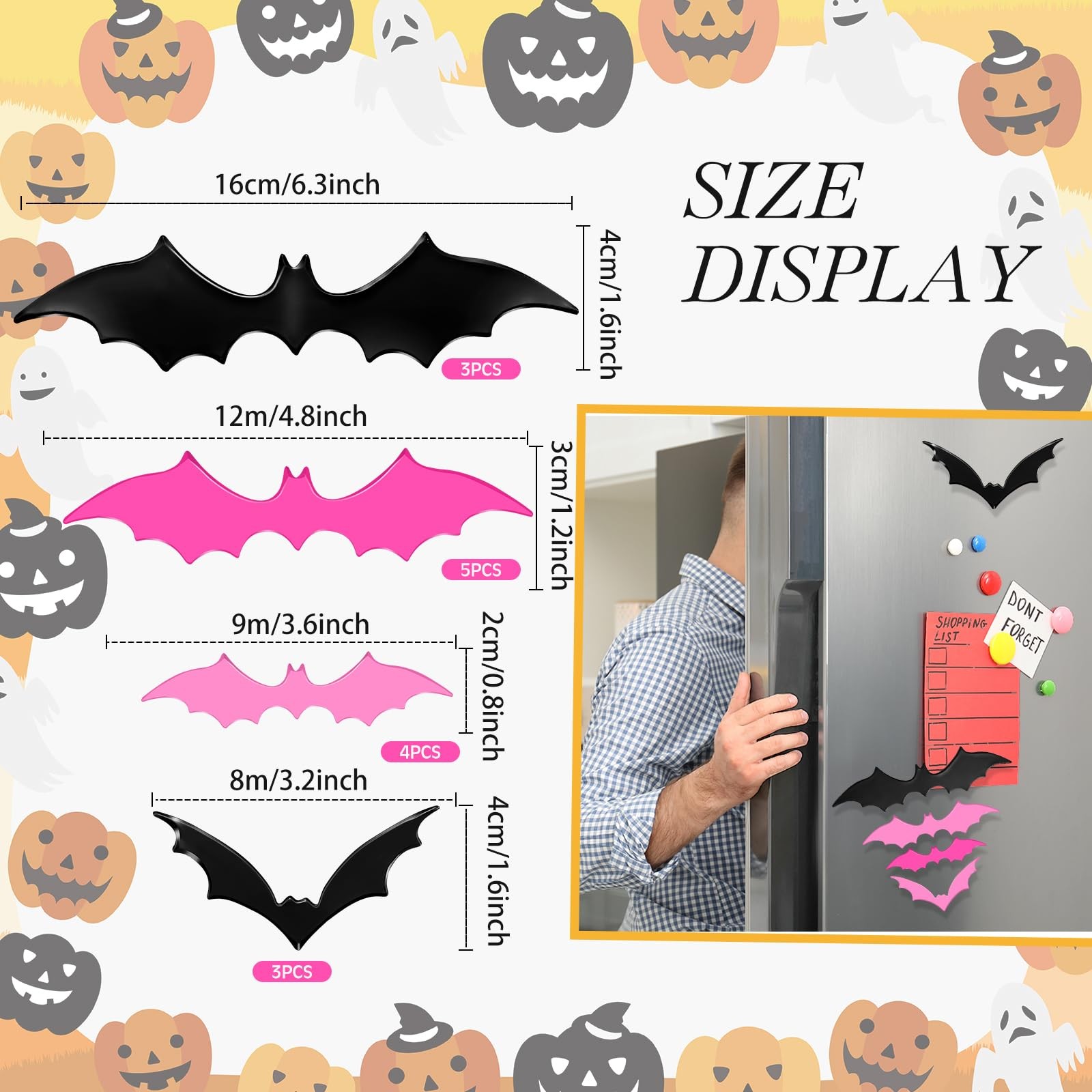 Konohan Halloween Bat Magnets 15 Pcs 3D PVC Black Pink Hot Pink 16×4-8x4cm