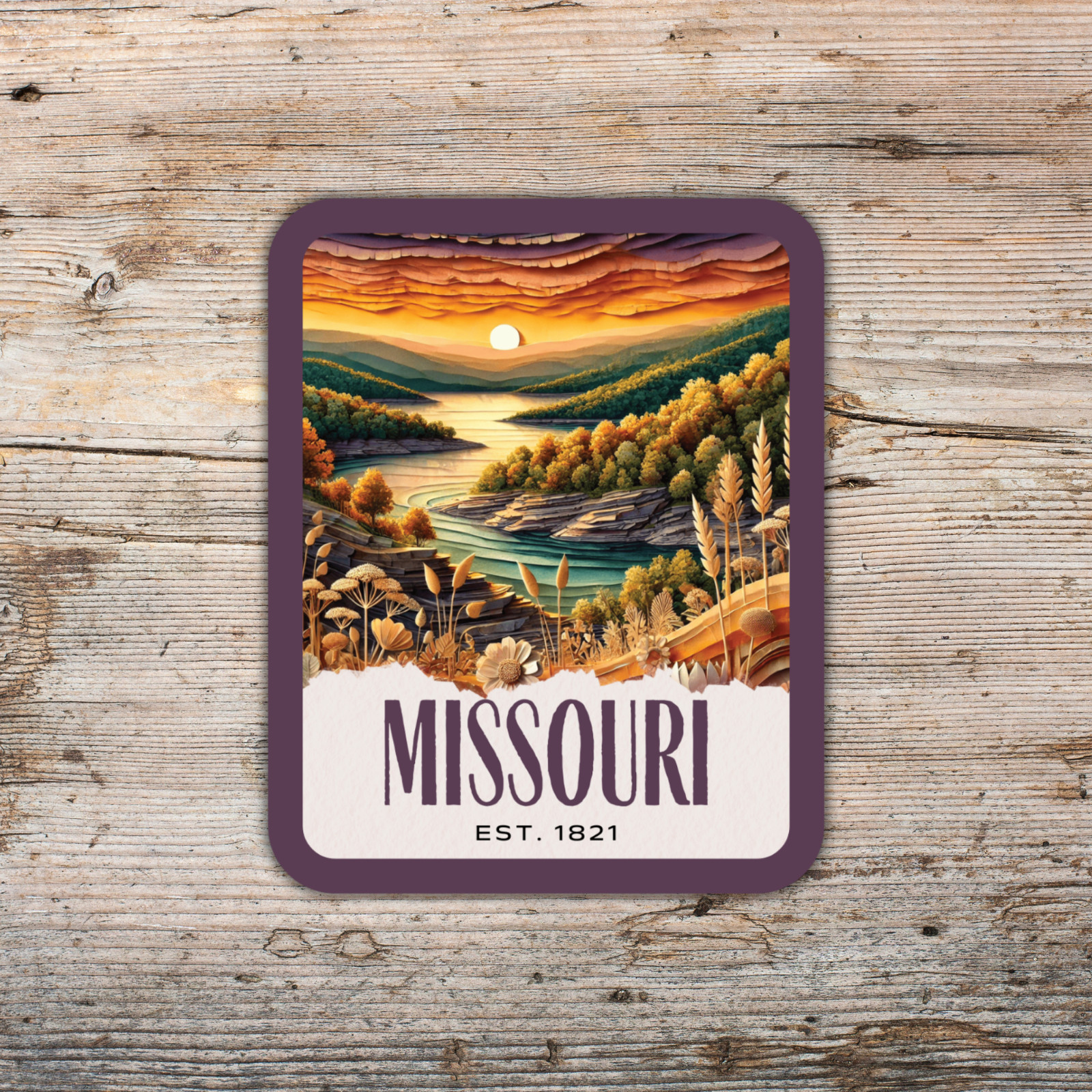 Missouri State Sticker, Paper Collage Look, Scenic Ozark Mountains Vinyl Decal
