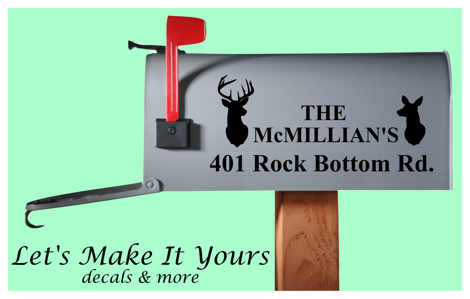 Buck & Doe Personalized Mailbox Decal Set Both Sides & Door Numbers Name Address