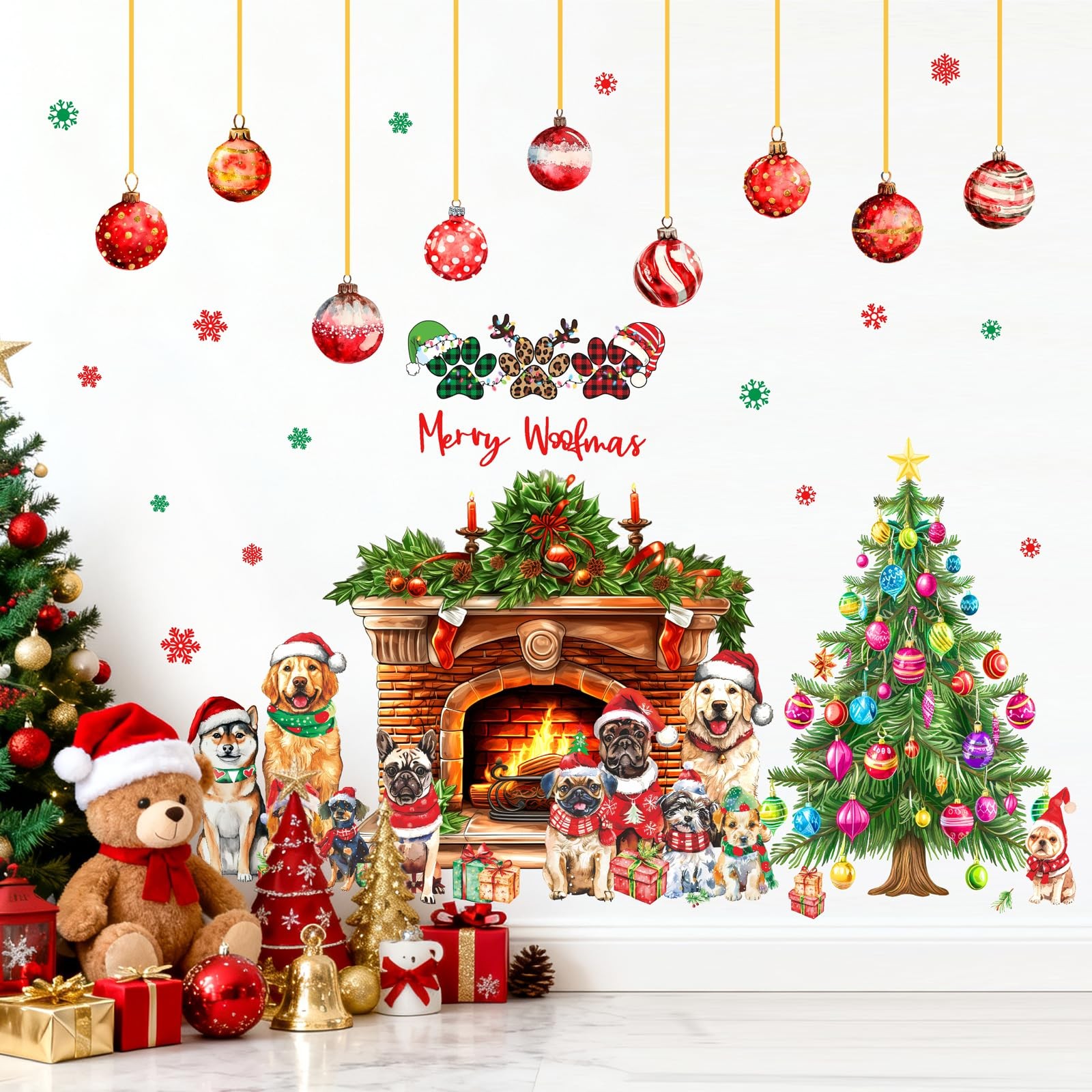 Christmas Tree Fireplace Wall Decals Large Christmas Bell Snowflake Wall Stic…