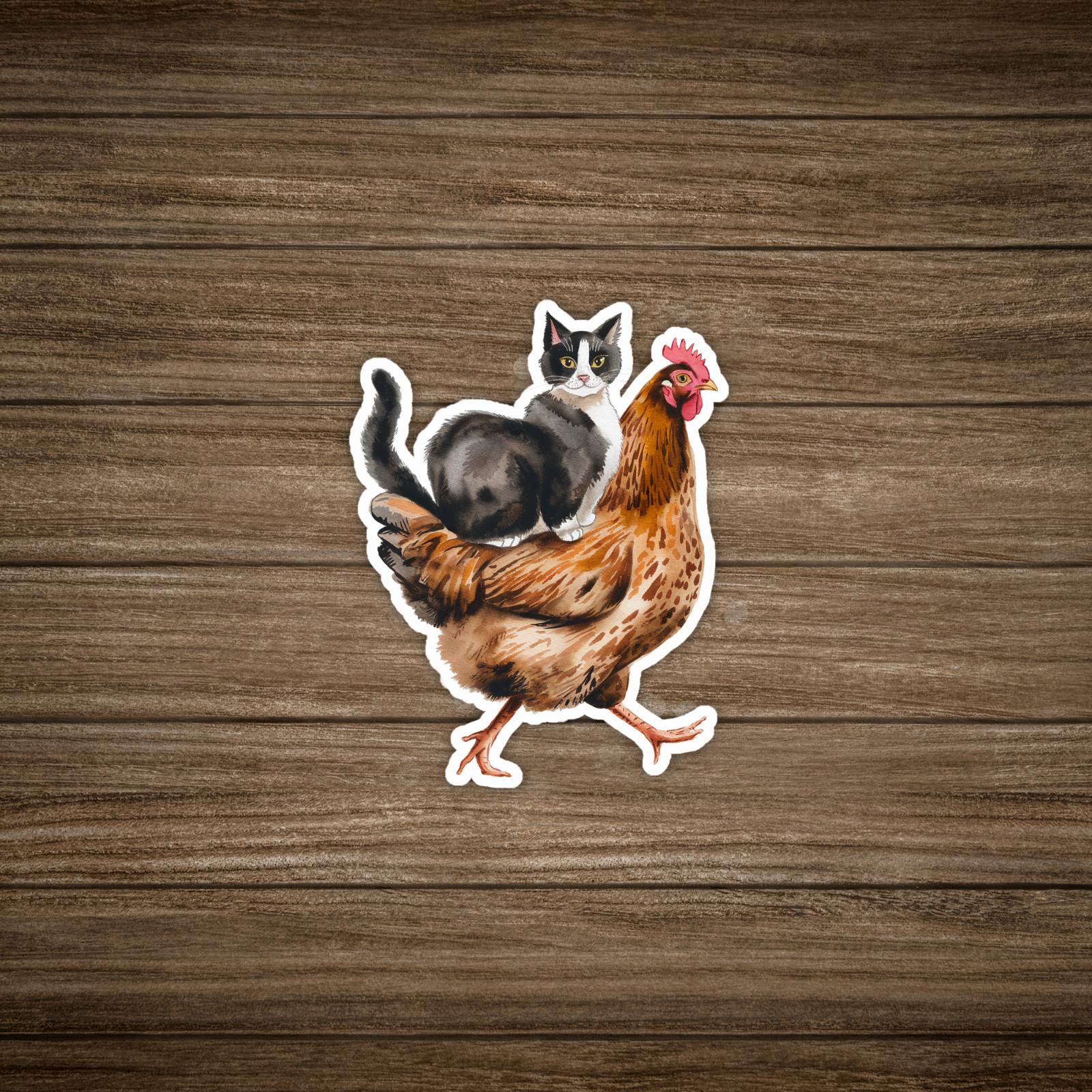 Whimsical Watercolor Cat and Chicken Sticker – Quirky Animal Friends Illustratio