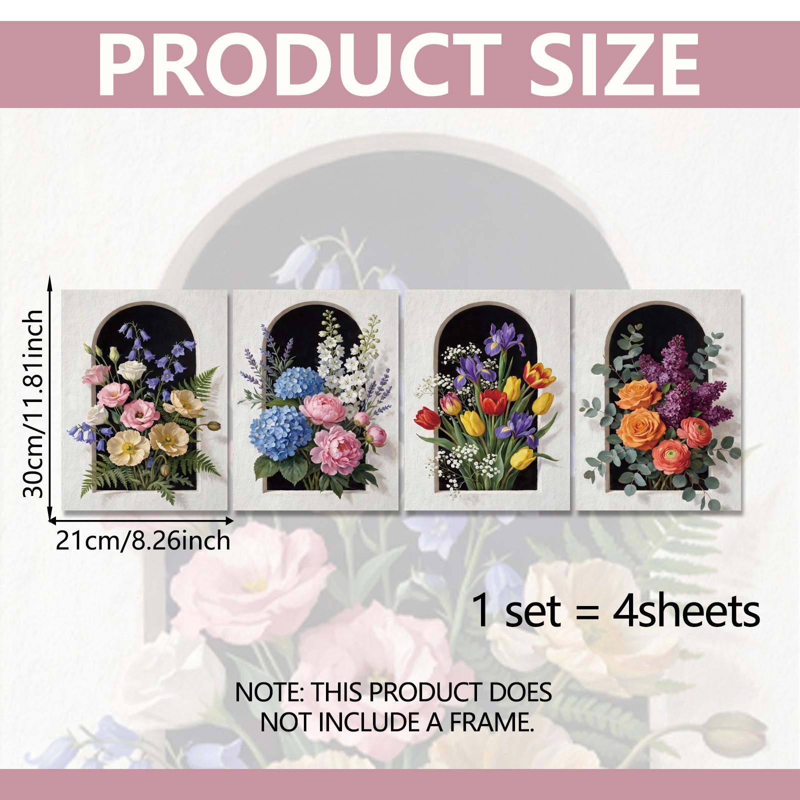 Arch Window Floral Wall Art 4 Pack Canvas Prints 11.81×15.74in Indoor Decor