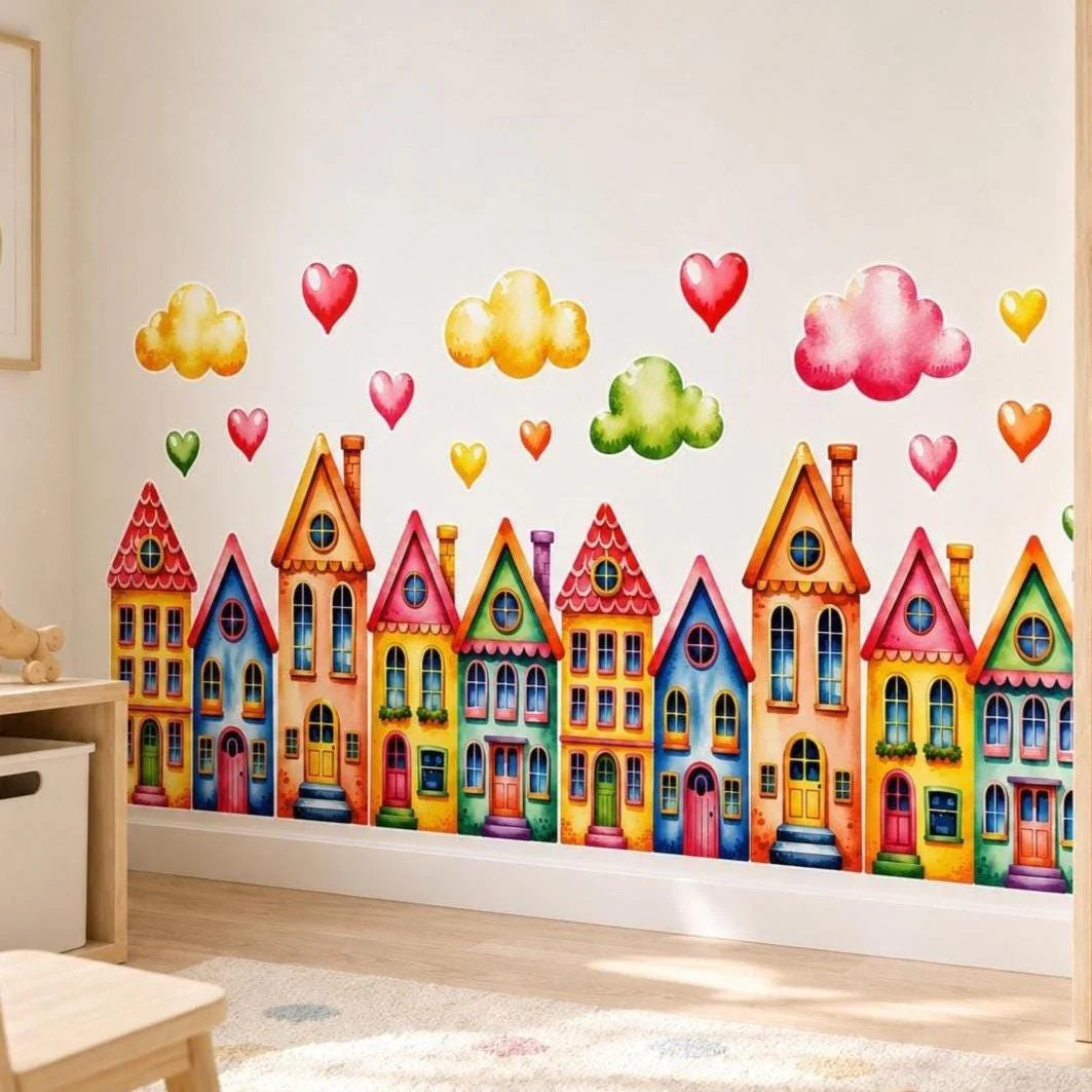 Colorful Watercolor Houses Wall Vinyl Decal | Rainbow Town Street Sticker