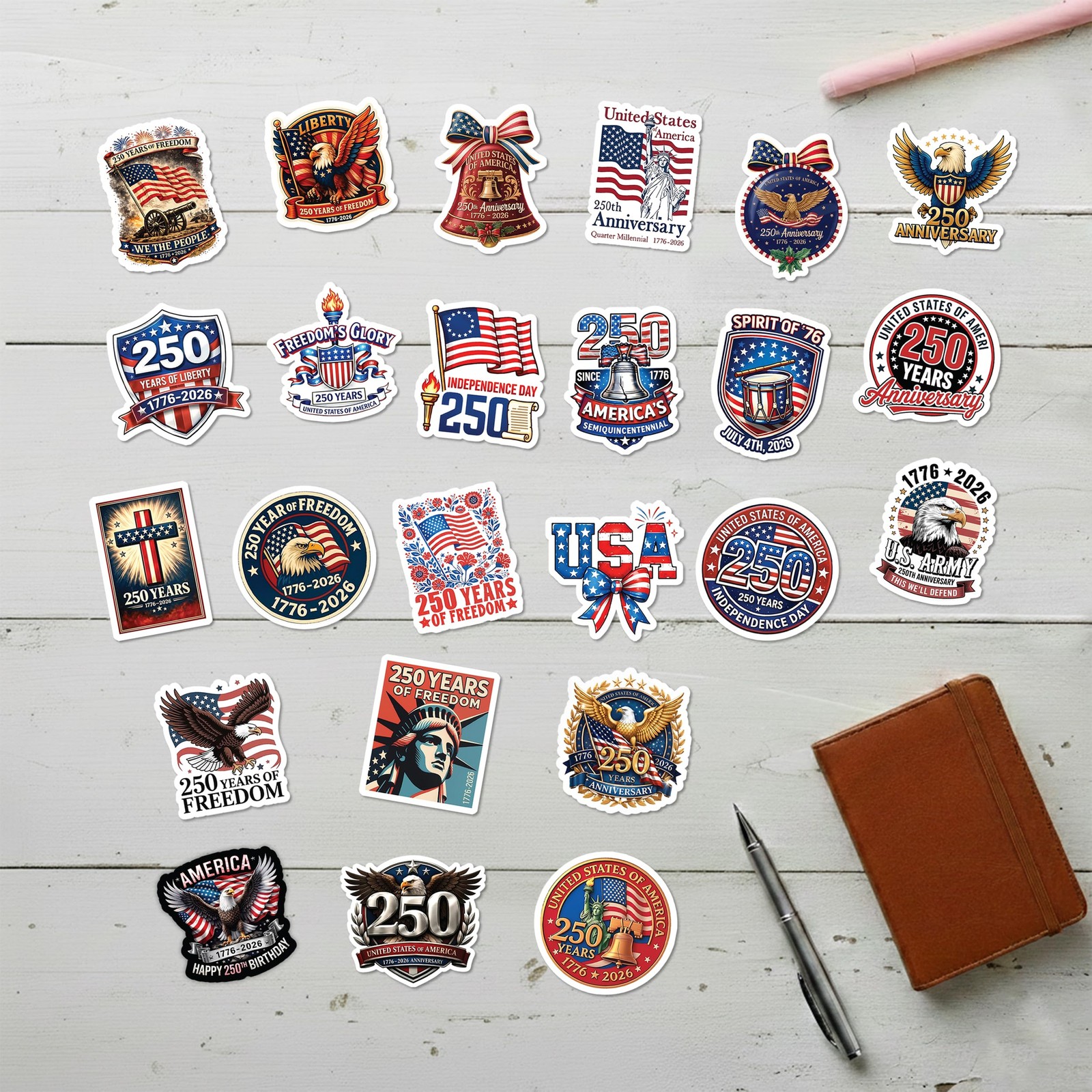 America 250th Anniversary Stickers (24 PCS), 250th Anniversary USA Stickers 1776