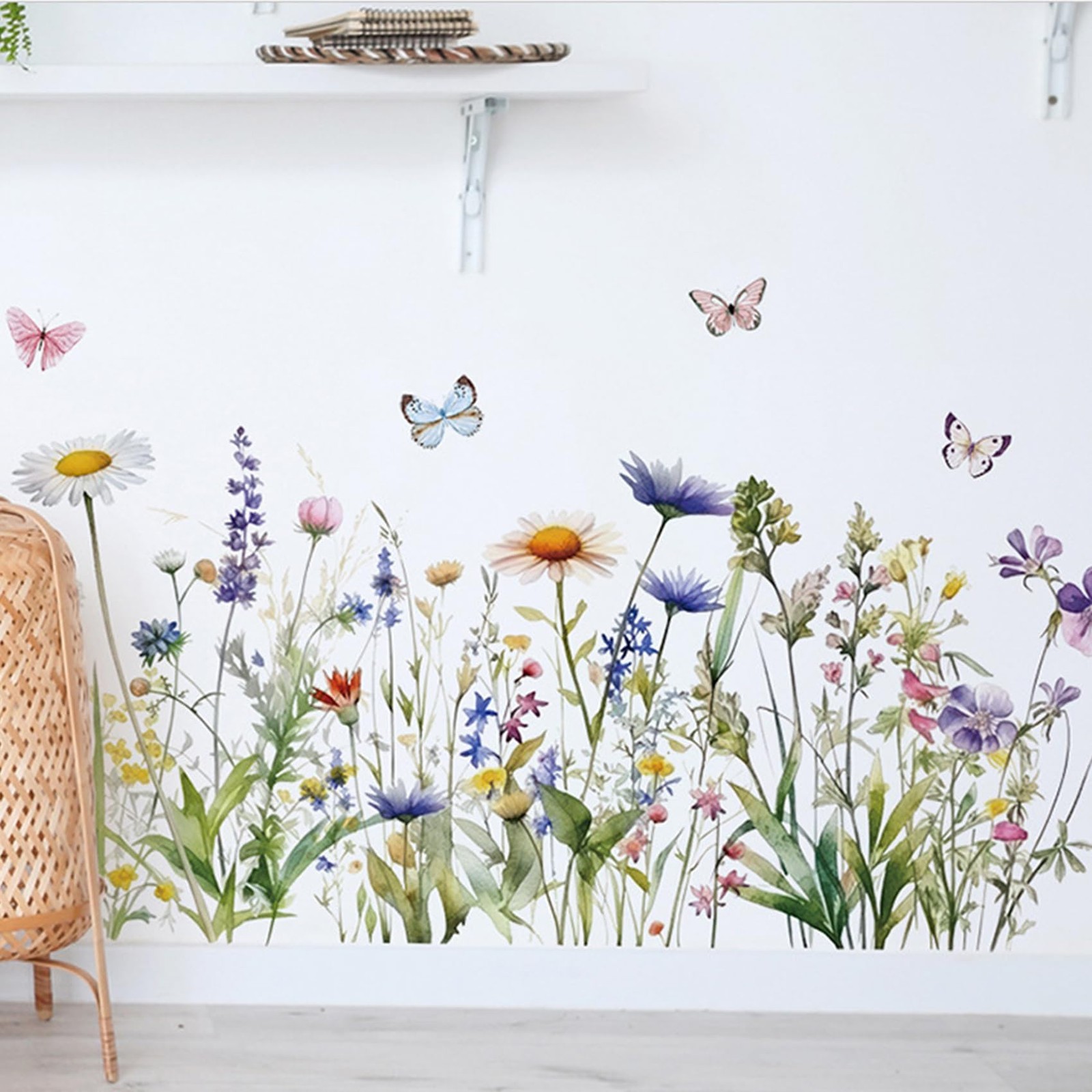Wildflower Grass Daisy Wall Decals, Garden Floral Butterflies Flower Wall Sti…
