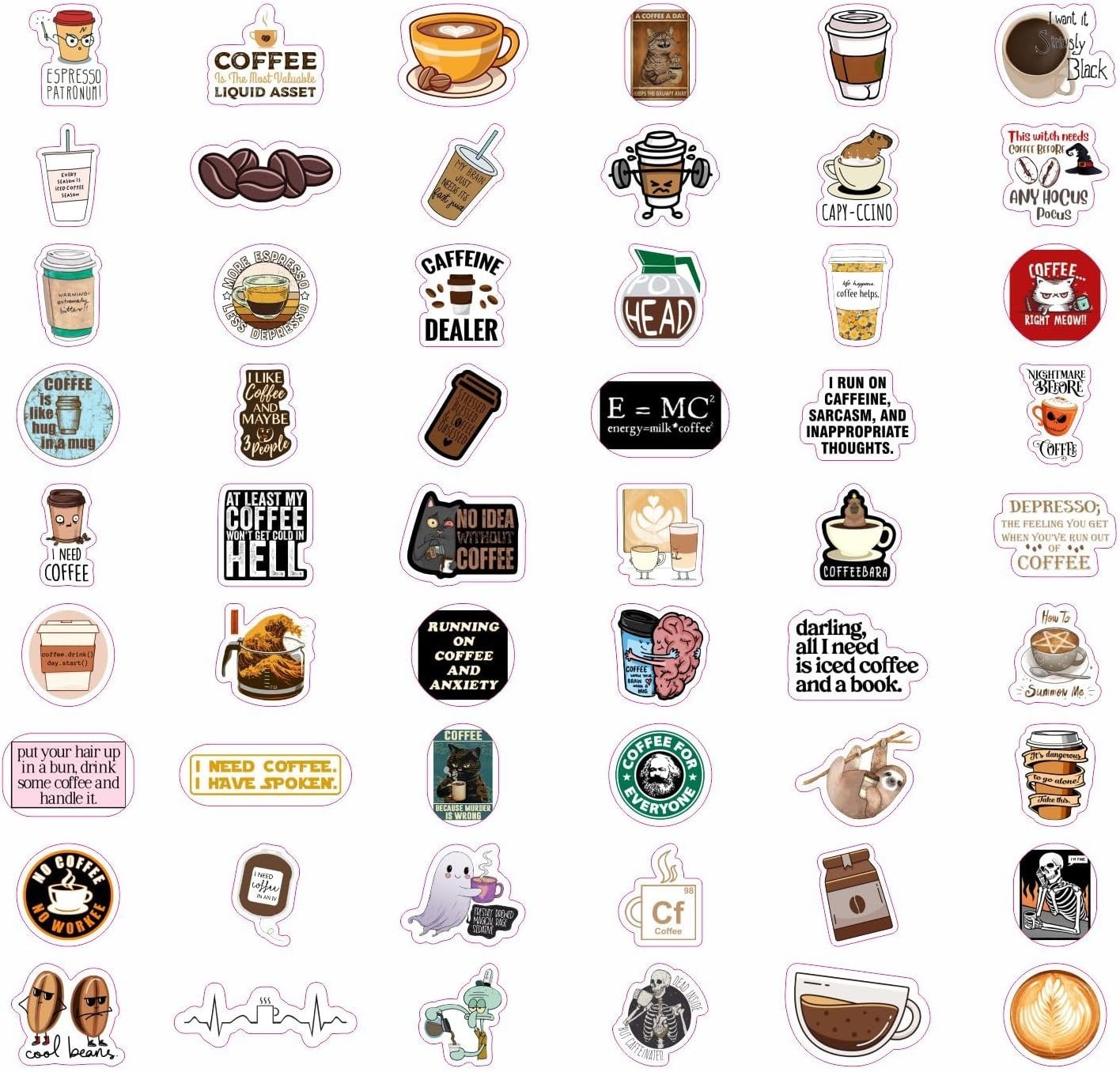 100Pcs Waterproof Funny Coffee Stickers – Ideal for Scrapbooking & Party Decor