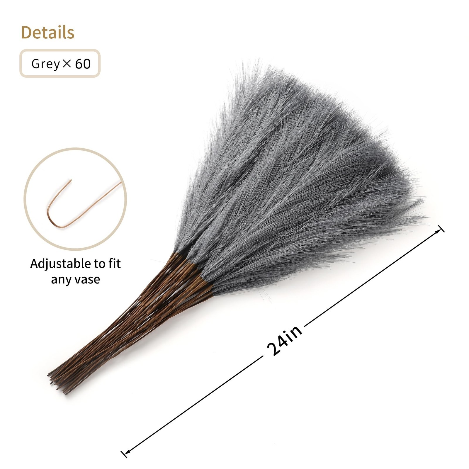 60pcs Grey Pampas Grass Decor – 24 Inch Long Faux Pampas Grass Decor, Artific…