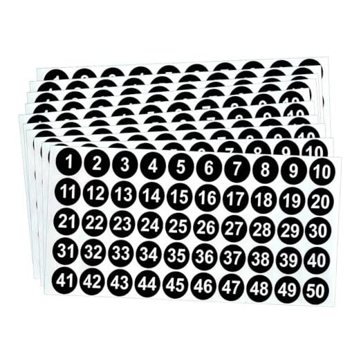 Number Stickers, Consecutive Number Stickers 1-50, 10 Sheets Round Black