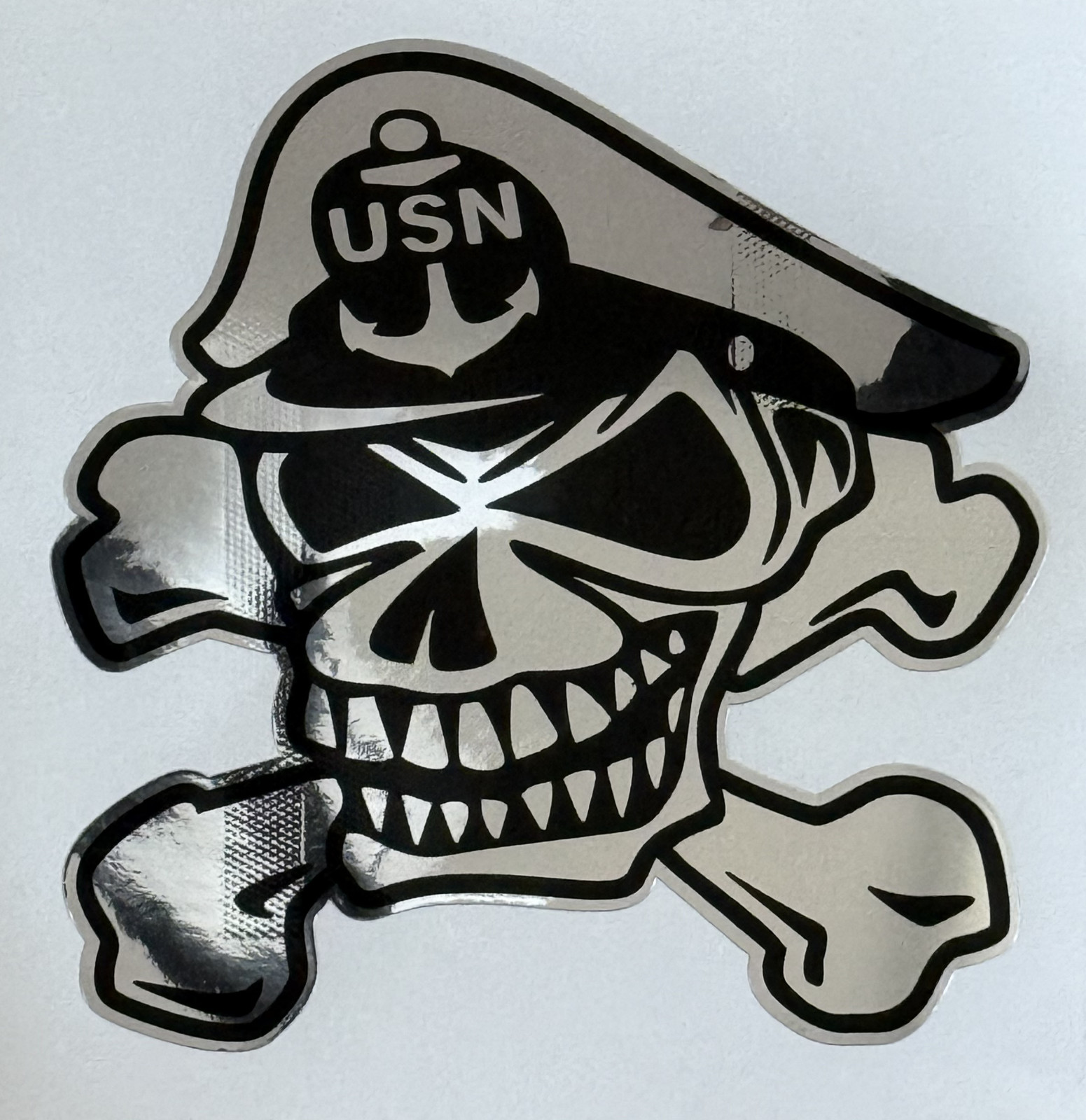 U. S. Navy Chief Skull & Cross Bones Vinyl Sticker 4.4"W x 4.5" Black/Chrome