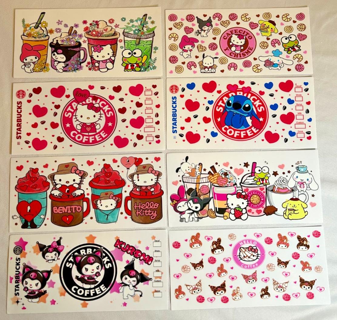 Set of 8 Hello Kitty Stitch Coffee Hearts Transfer Cup Wraps