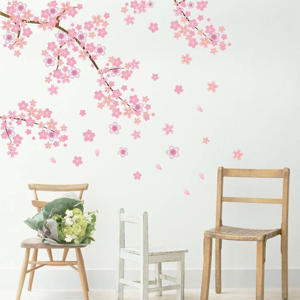 Pink Cherry Blossom Wall Stickers:DIY floral decals for a stunning sofa backdrop