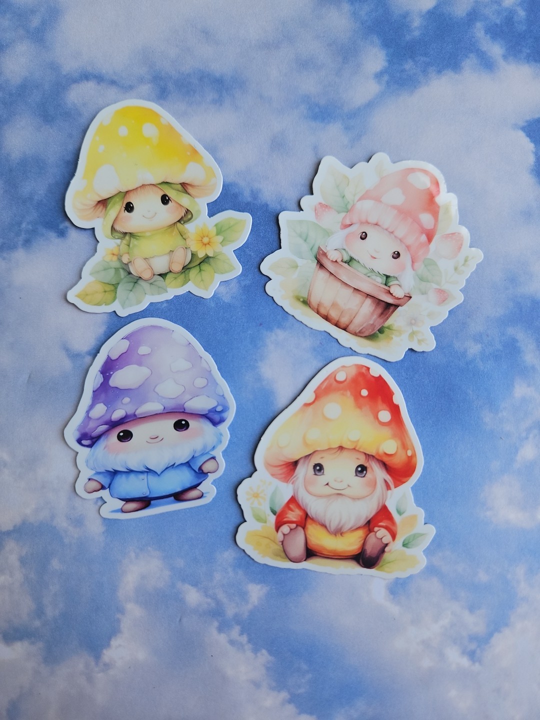 Set Of 4 Vinyl Stickers Laminated Cute Mushroom Gnomes