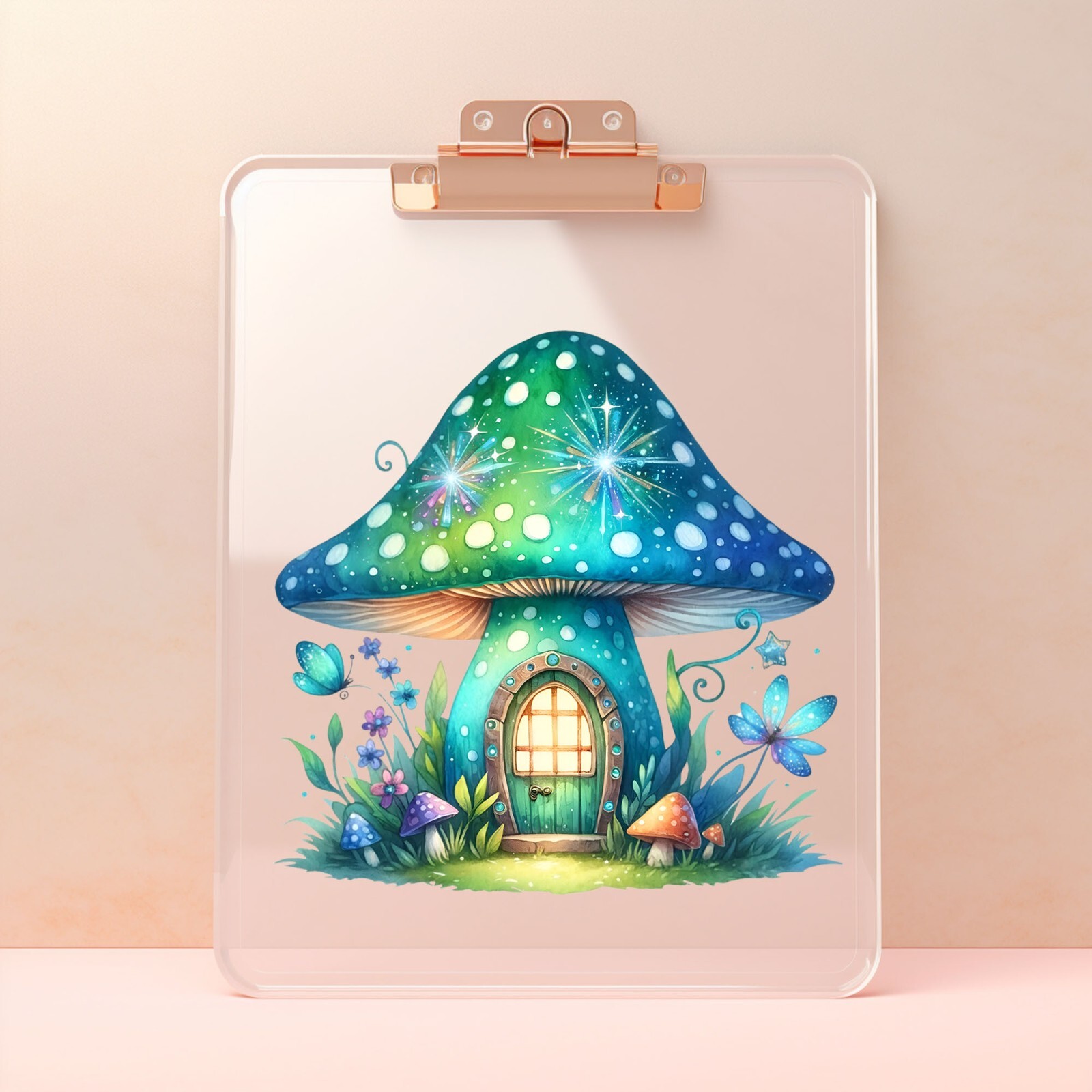 Blue Green Mushroom Fairy House UV DTF Transparent Sticker / Decal
