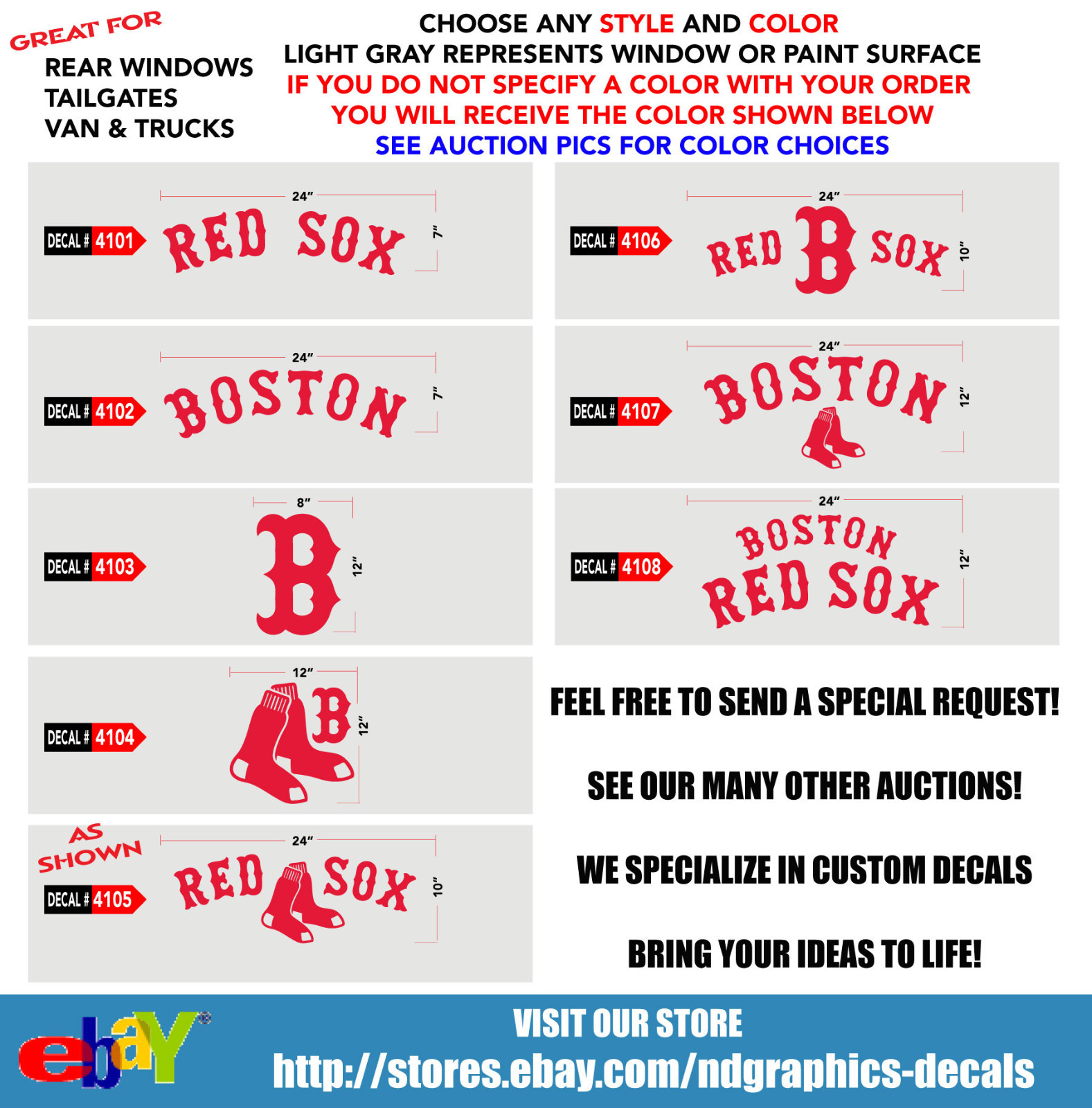 BOSTON RED SOX DECAL STICKER 24"w x 10" ANY 1 COLOR MORE DESIGNS SEE PICS