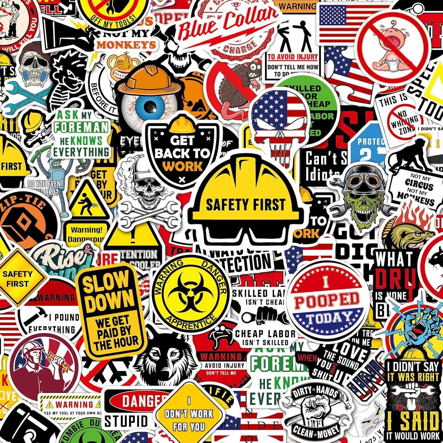 Blue Collar Funny Stickers – 100 Waterproof Hard Hat Creative Pack for Adults