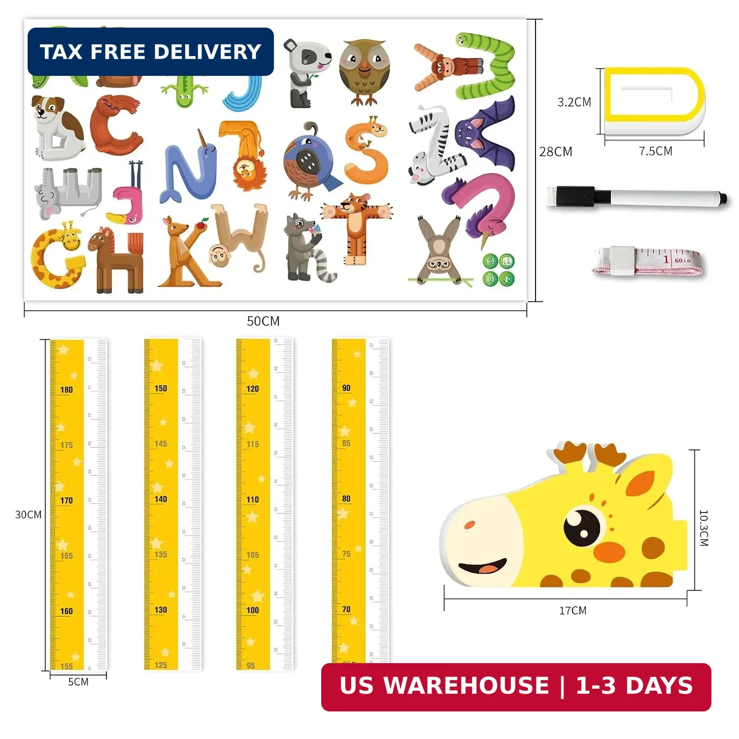 Kids Growth Chart Height Measure Wall Decal Animal Alphabet Stickers Giraffe Des