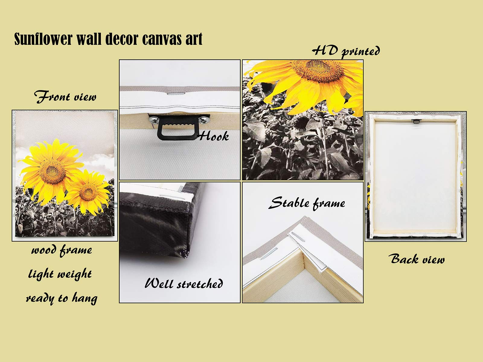 Sunflower Wall Art for Living Room Black White Flowers Wall Decor Yellow Flor…