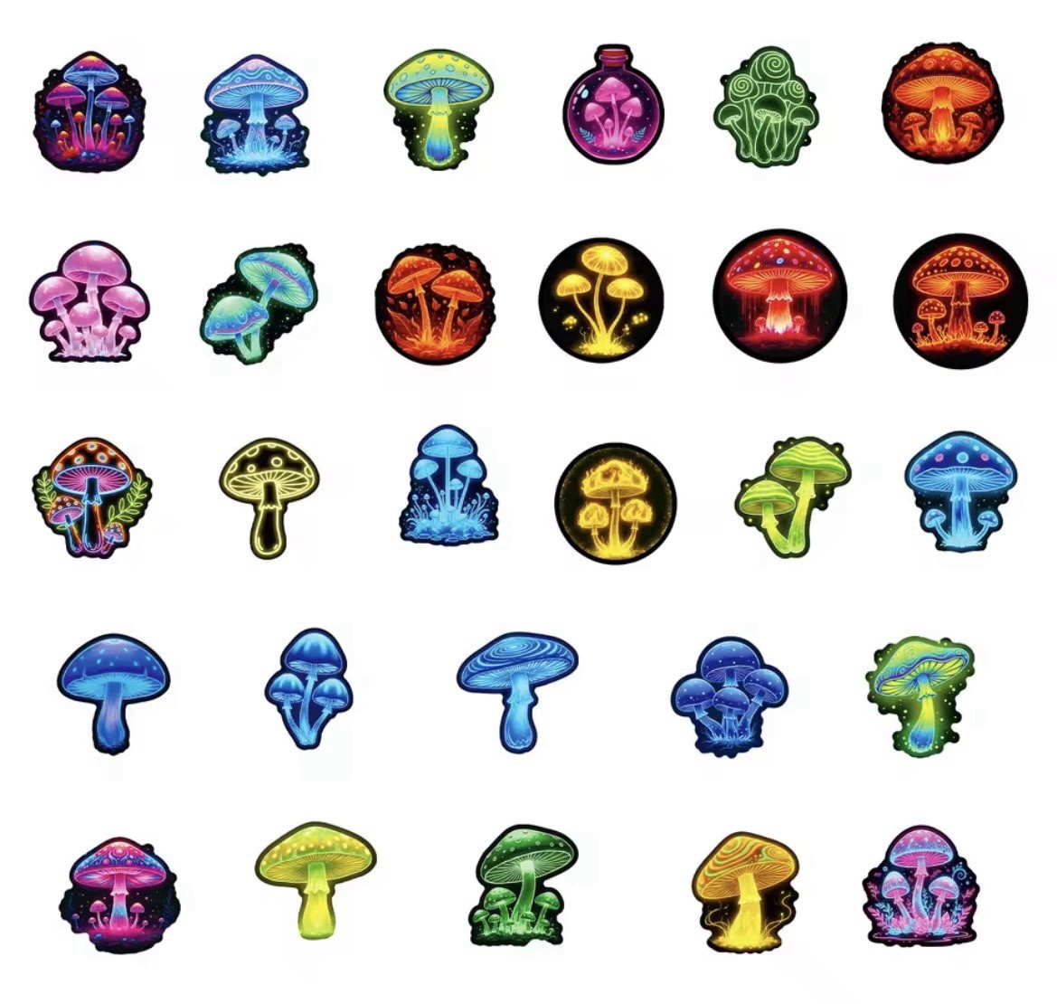 Neon Mushroom Colorful Style Stickers 50pk Mixed Shrooms Stickers FREE SHIPPING
