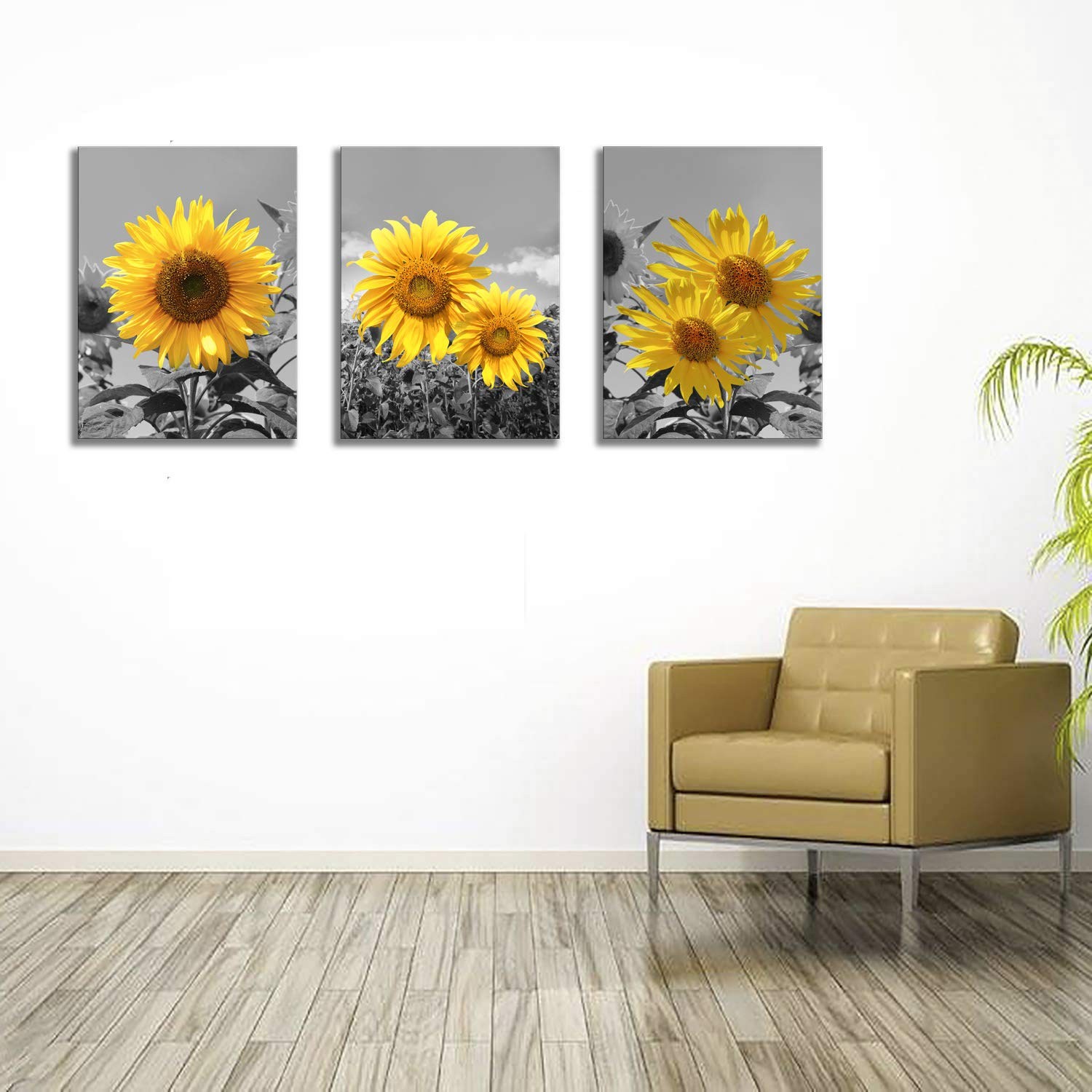 Sunflower Wall Art for Living Room Black White Flowers Wall Decor Yellow Flor…