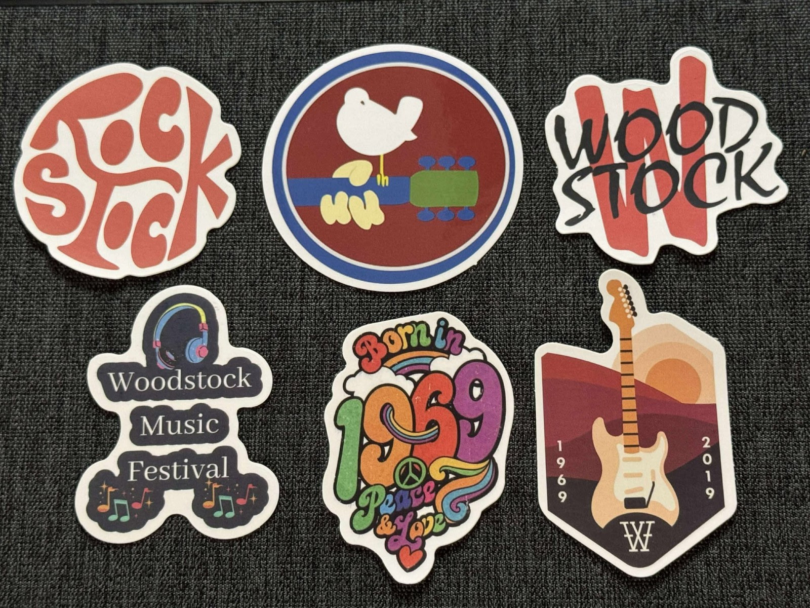 Lot of (6) WOODSTOCK Festival 1 5/8" to 2 3/4" Logo STICKERS Fast! FREE SHIP!