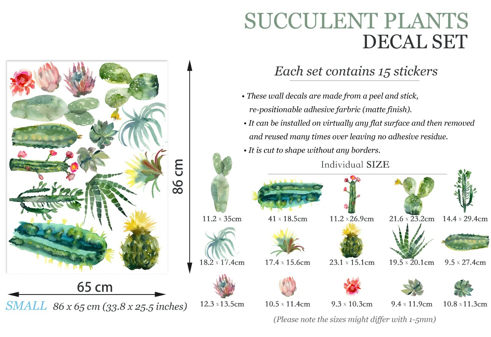 Cactus Succulent Plants Wall Fabric Decal Set Sticker Room Gift Decor