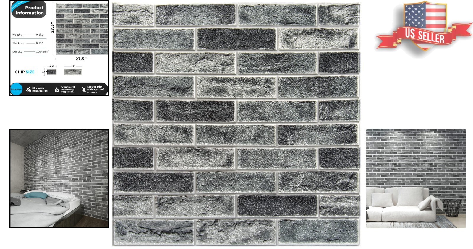 10-Piece Faux Brick Acoustic Wall Panels, Peel and Stick – 52.5 Sq.Ft Stone Ash