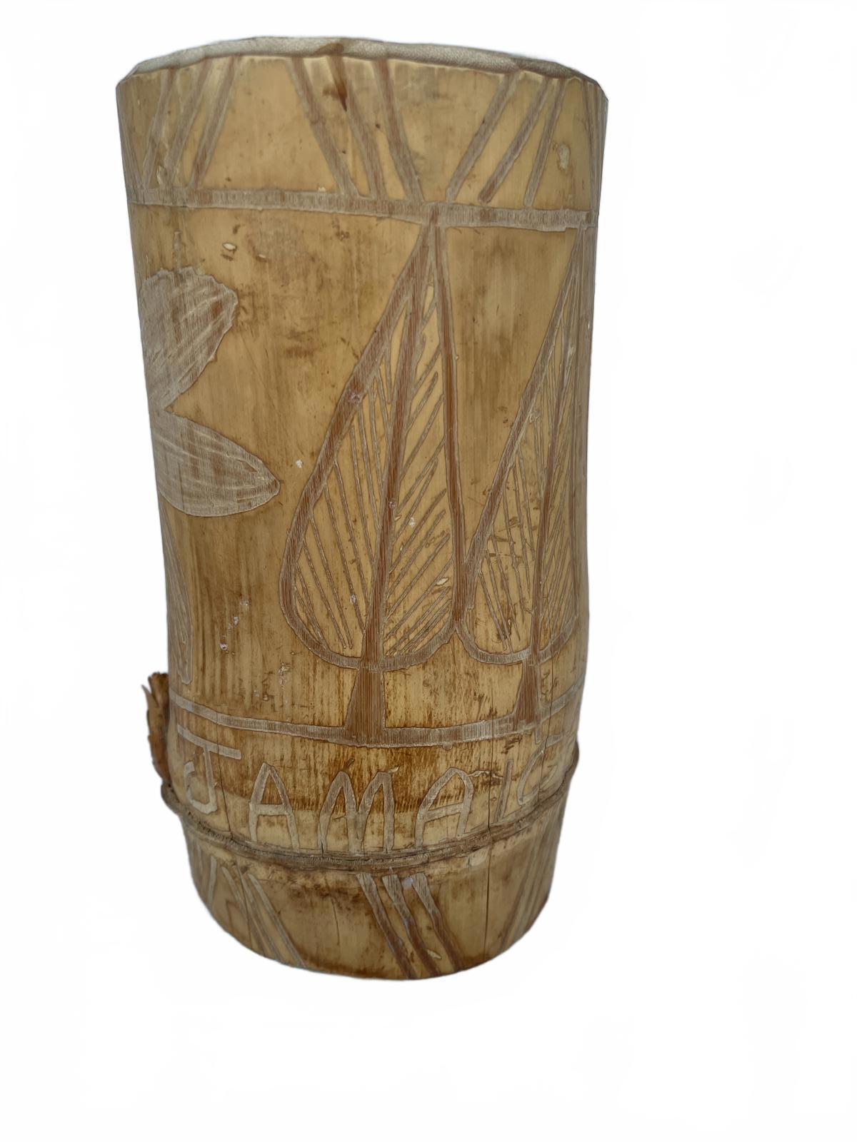 Handcrafted Vintage Hand Carved Bamboo Tiki Cup Vase Etched with Nature Designs