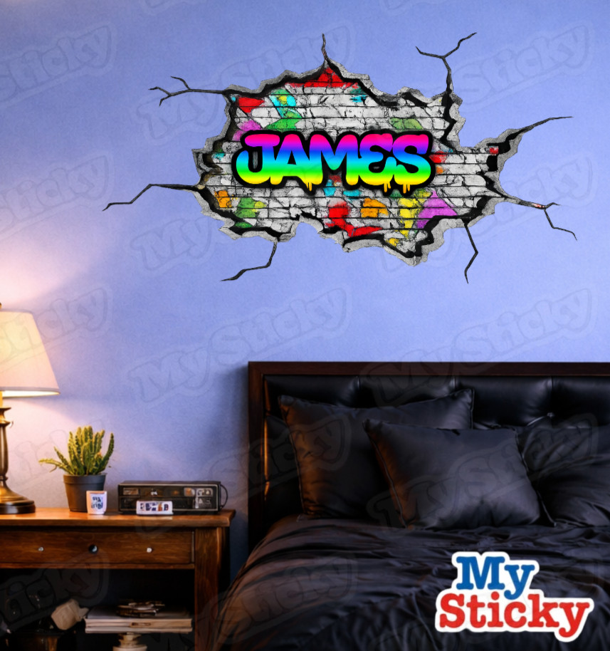 Custom Graffiti Name Wall Decal 3D Brick Breakthrough Personalized Room Sticker